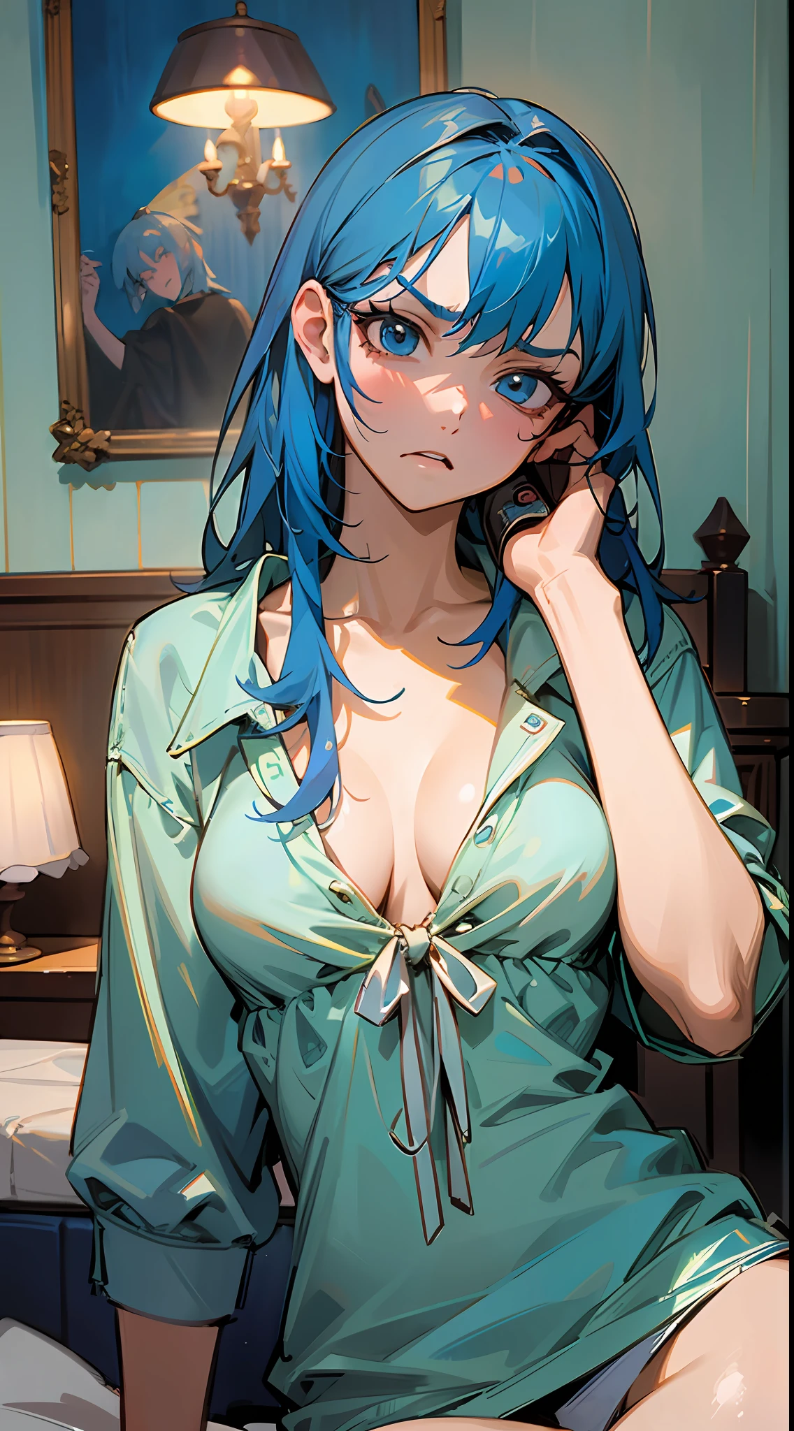 Masterpiece, of the best quality, a blue-haired woman answering the phone, with an angry expression, bedroom, in bed, Artie Guéran style