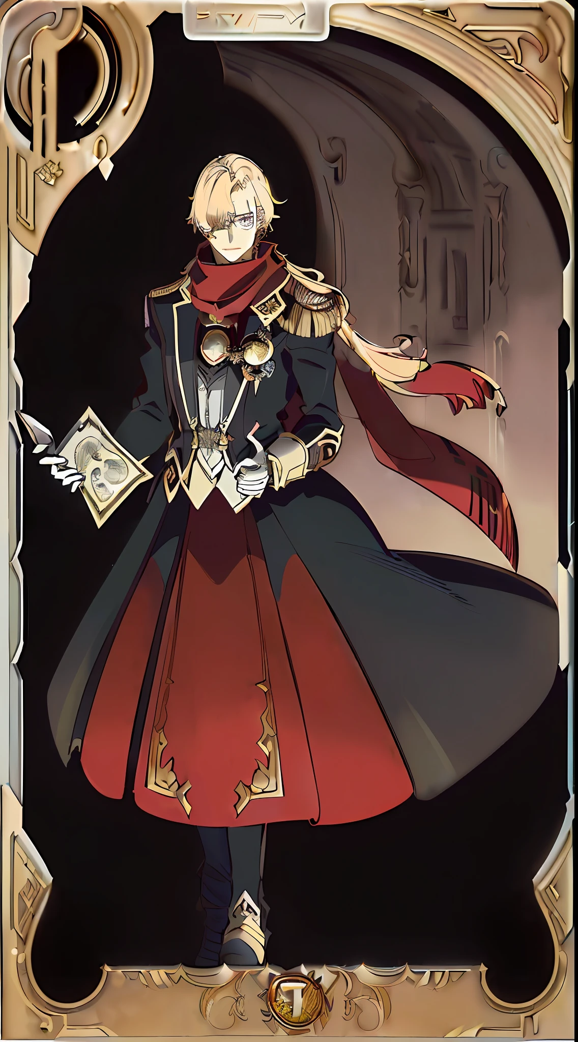 (1 male, (Ultra HD CG painting, best image quality): 1.2, (Unique art style | weird red, vampire, noble): 1.2, (blonde hair + green pupils, monocle in one eye, scarf, long coat, 1 eye and 2 pupils: 1.2, dignified and elegant), (blue pen, scholar image: 1.2), (elegant light and shadow change + vivid chiaroscuro: 1.2), (gorgeous background, cards, design drawings, gorgeous Alphonse Muschataro cards, mysterious and gentle):1.2)