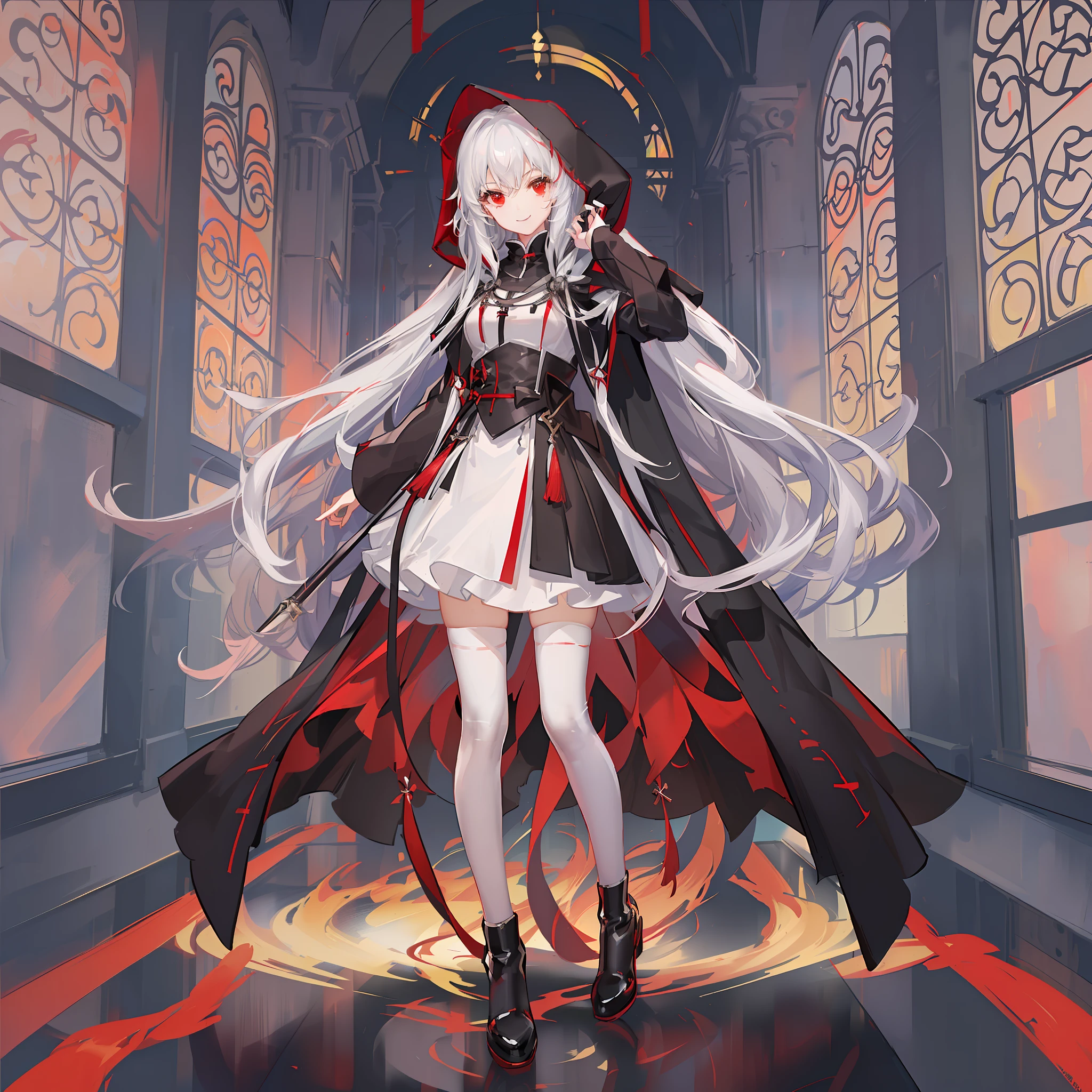 Maiden, white stockings, playful smile, round red thread striped road black robe, hood, cape, red eyes, long white hair, standing posture, full body, mage, holy girl