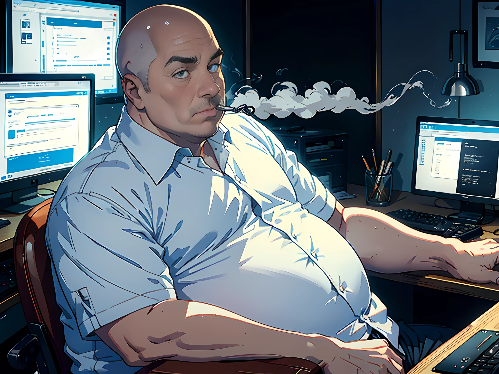 1 man, bald, obese, middle-aged man, white shirt, sitting in front of a computer, smoking, calm complexion