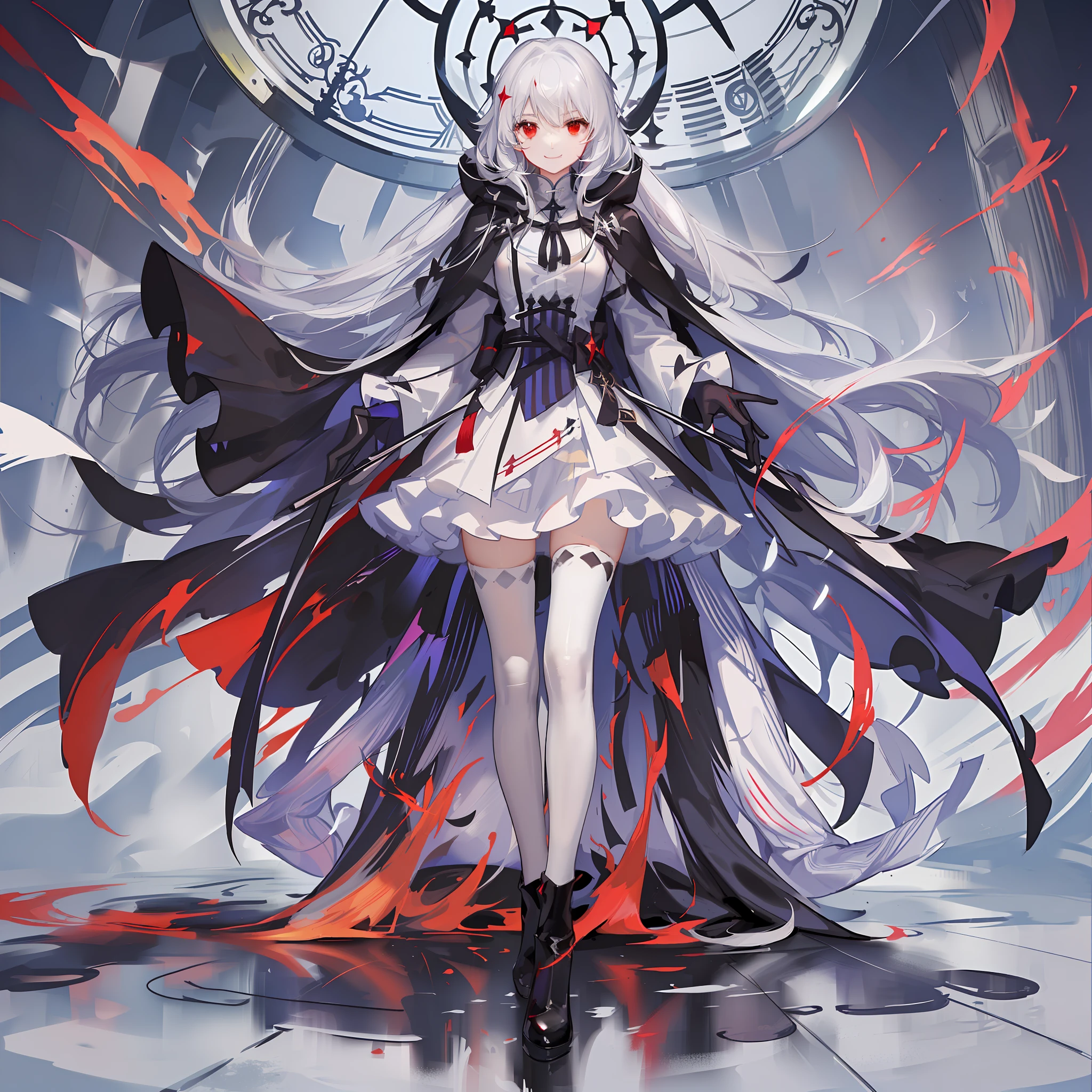 Maiden, white stockings, playful smile, round red thread striped road black robe, hood, cape, red eyes, long white hair, standing posture, full body, mage, holy girl