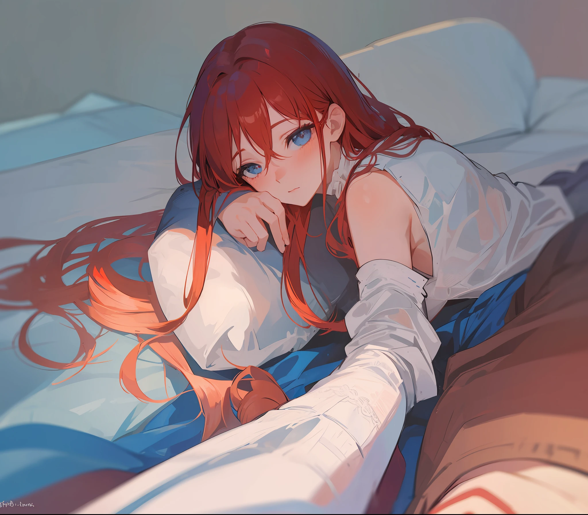 1Girl red hair blue eyes, she blushes so hard while lying on bed thinking of next day
