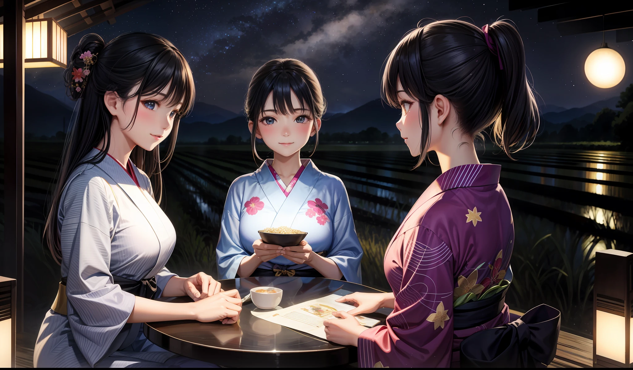 beauty, 25 years old, country road, rice field, yukata, night, starry sky,