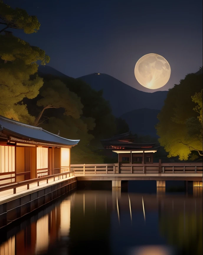 official art, ancient Japan, ancient cityscape, (lots of fireflies), (night), (moon), lights, beautiful landscape, magnificent landscape, realistic lights, masterpiece, high quality, beautiful graphics, high detail, global illumination, unreal engine rendering, octane rendering, (HDR: 1.3)
