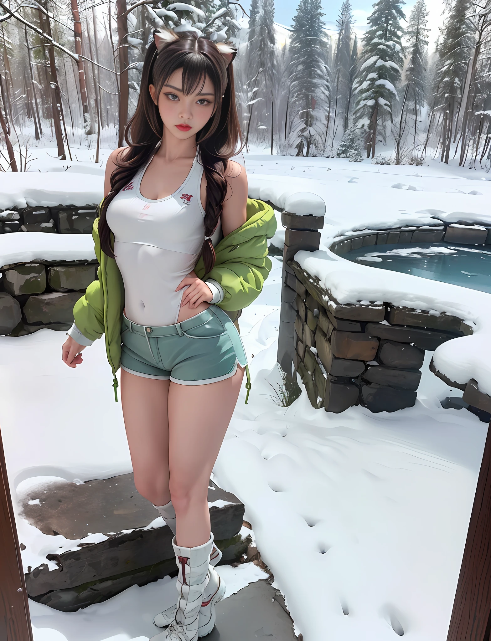 (very detailed RAW color photo), (1 girl), (alone), (18 years), (Goddess body), ((athletic)), ((very defined toned physique)), ((muscular body)), (very detailed perfect body), (small and defined breasts), (very sharp curves), (superior quality, 8k, masterpiece: 1.3), sharp focus: 1.2, (extremely beautiful girl with perfect figure: 1.4), ((very thin waist: 1.2)), ultra detailed skin texture, (smooth and soft skin), (ultra detailed fabric texture), ((girl wearing a snow jacket and shorts with hiking boots)), (extra long curly brown hair), (extra long ponytail with bangs), (very detailed and beautiful tiger ears), (hair on the face), (hair ribbon), dynamic pose, ((uniform leaves thighs exposed)), ((ultra detailed and toned legs)), (ultra detailed waist), (very wide hips), (very thick and muscular thighs), (sexy), (extreme hourglass figure), (very thick heart lips), (red lipstick), (green eyes), ((angry look)), ((blush)), (makeup), (ultra defined waist), eye shadow, (full body shot), with snowy mountains in the distance, snow and trees