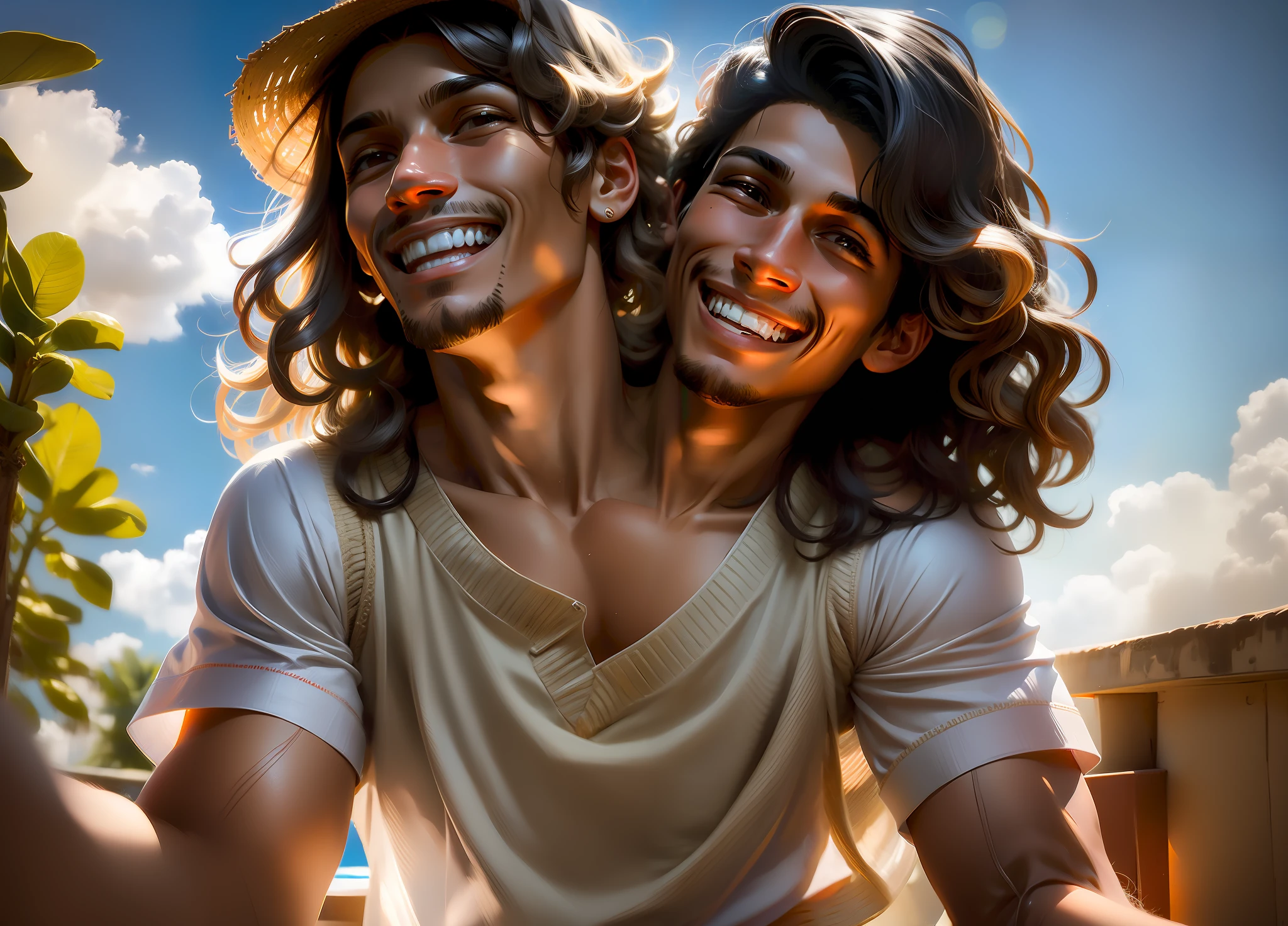 2heads, male, Colombian, smiling, looking at camera, short wavy hair, sunny background in Colombia