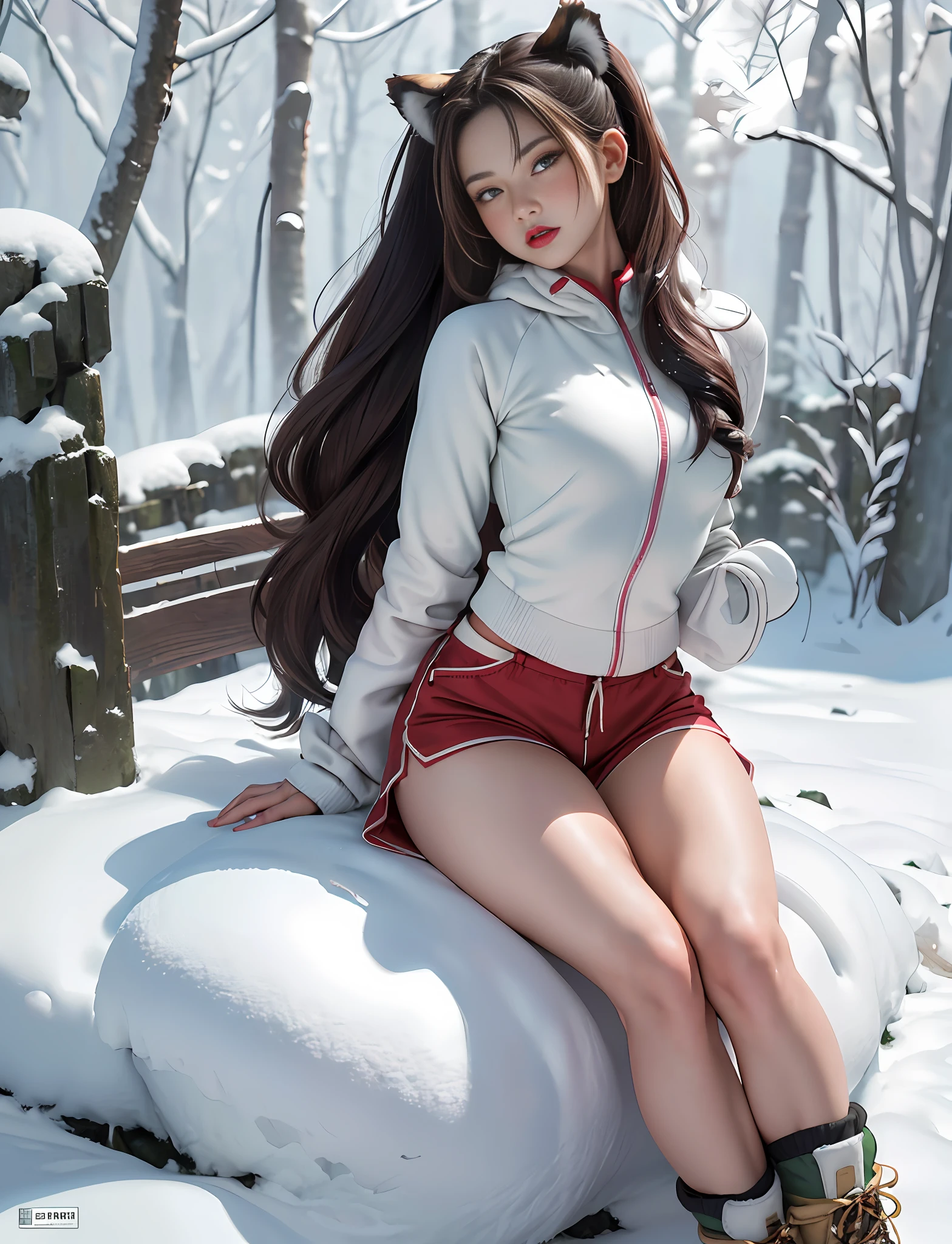 (very detailed RAW color photo), (1 girl), (alone), (18 years), (Goddess body), ((athletic)), ((very defined toned physique)), ((muscular body)), (very detailed perfect body), (small and defined breasts), (very sharp curves), (superior quality, 8k, masterpiece: 1.3), sharp focus: 1.2, (extremely beautiful girl with perfect figure: 1.4), ((very thin waist: 1.2)), ultra detailed skin texture,  (smooth and soft skin), (ultra detailed fabric texture), ((girl wearing a snow jacket and shorts with hiking boots)), (extra long curly brown hair), (extra long ponytail with bangs), (very detailed and beautiful tiger ears), (hair on the face), (hair ribbon), dynamic pose, ((uniform leaves thighs exposed)),  ((ultra detailed and toned legs)), (ultra detailed waist), (very wide hips), (very thick and muscular thighs), (sexy), (extreme hourglass figure), (very thick heart lips), (red lipstick), (green eyes), ((angry look)), ((blush)), (makeup), (ultra defined waist), eye shadow, (full body shot), with snowy mountains in the distance, snow and trees