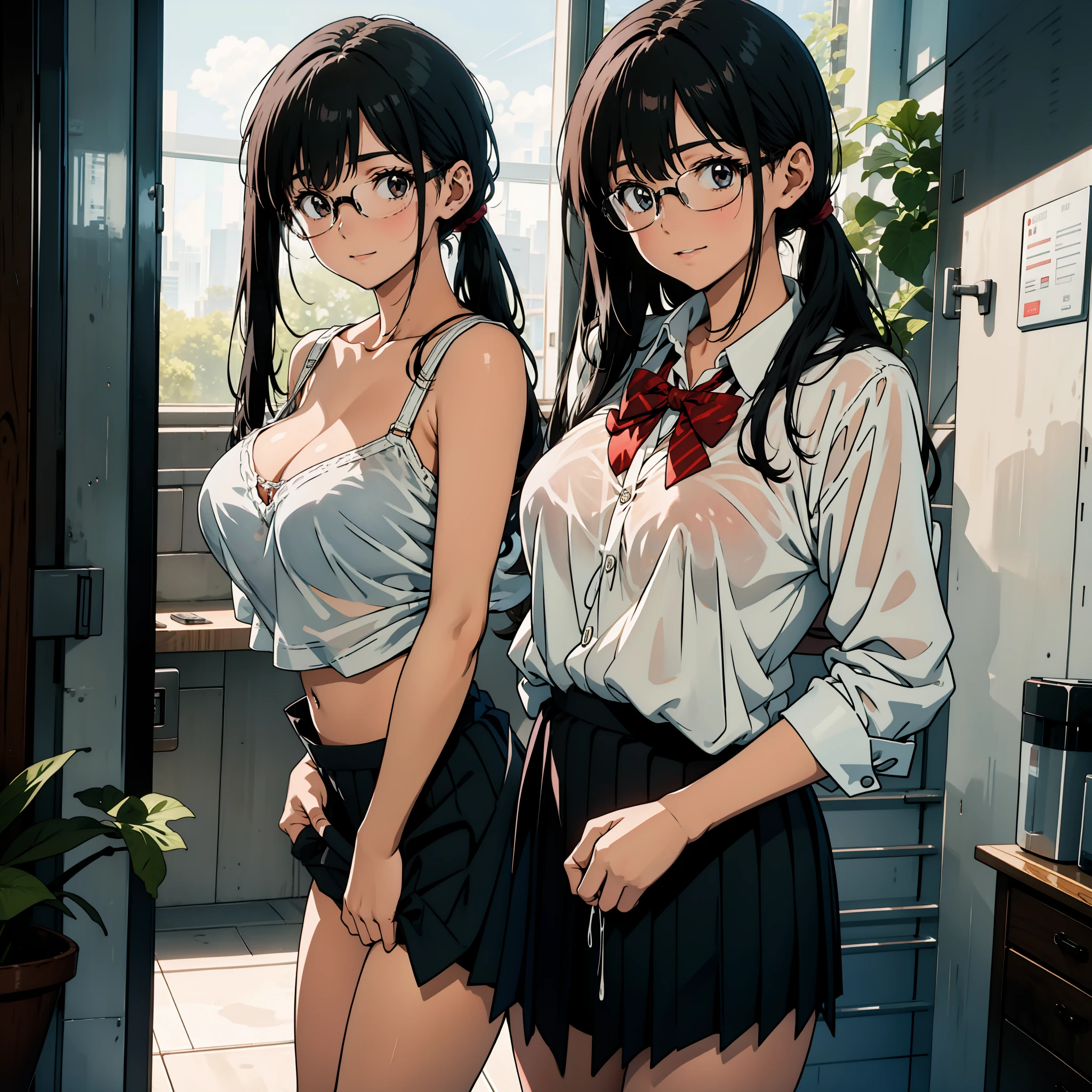 One girl, no bra, naughty pose, gentle face, in the middle of taking off clothes, school uniform, wet and sheer, cute bra, showing off crotch, hands on the crotch, clear liquid leaking from the crotch, cute underwear, long bangs, smiling girl, , big breasts, black hair pigtails, black hair, brooding, glasses, chubby,, red cheeks,