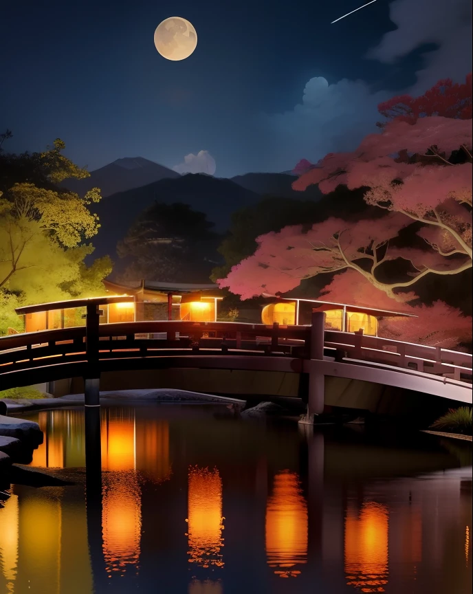 official art, ancient Japan, ancient cityscape, (lots of fireflies), (night), (moon), lights, beautiful landscape, magnificent landscape, realistic lights, masterpiece, high quality, beautiful graphics, high detail, global illumination, unreal engine rendering, octane rendering, (HDR: 1.3)