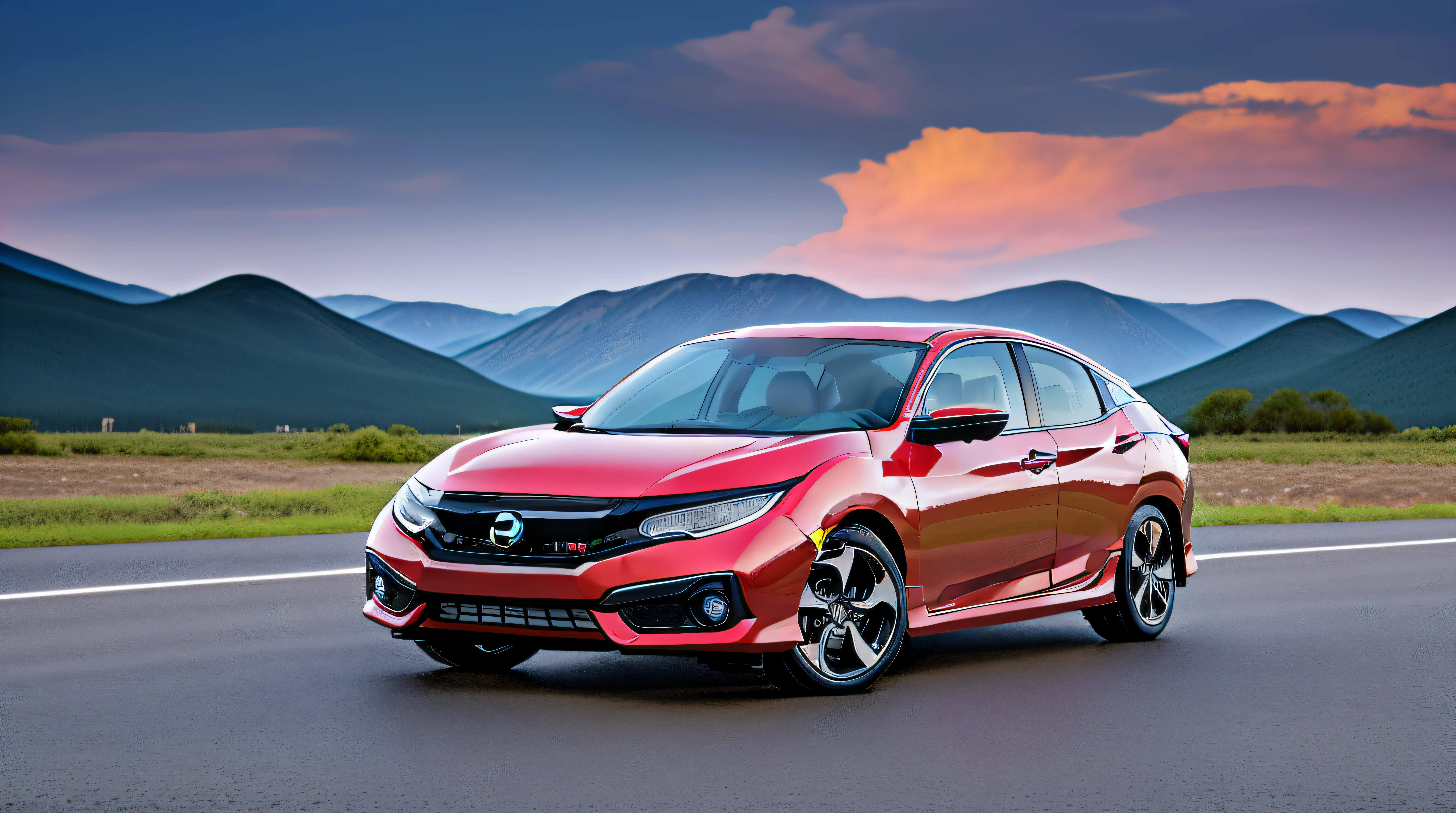 (high resolution, best quality) desktop wallpaper featuring a (Honda Civic:1.1) driving on a (long, empty road:1.2) with a (spectacular, scenic backdrop:1.1).