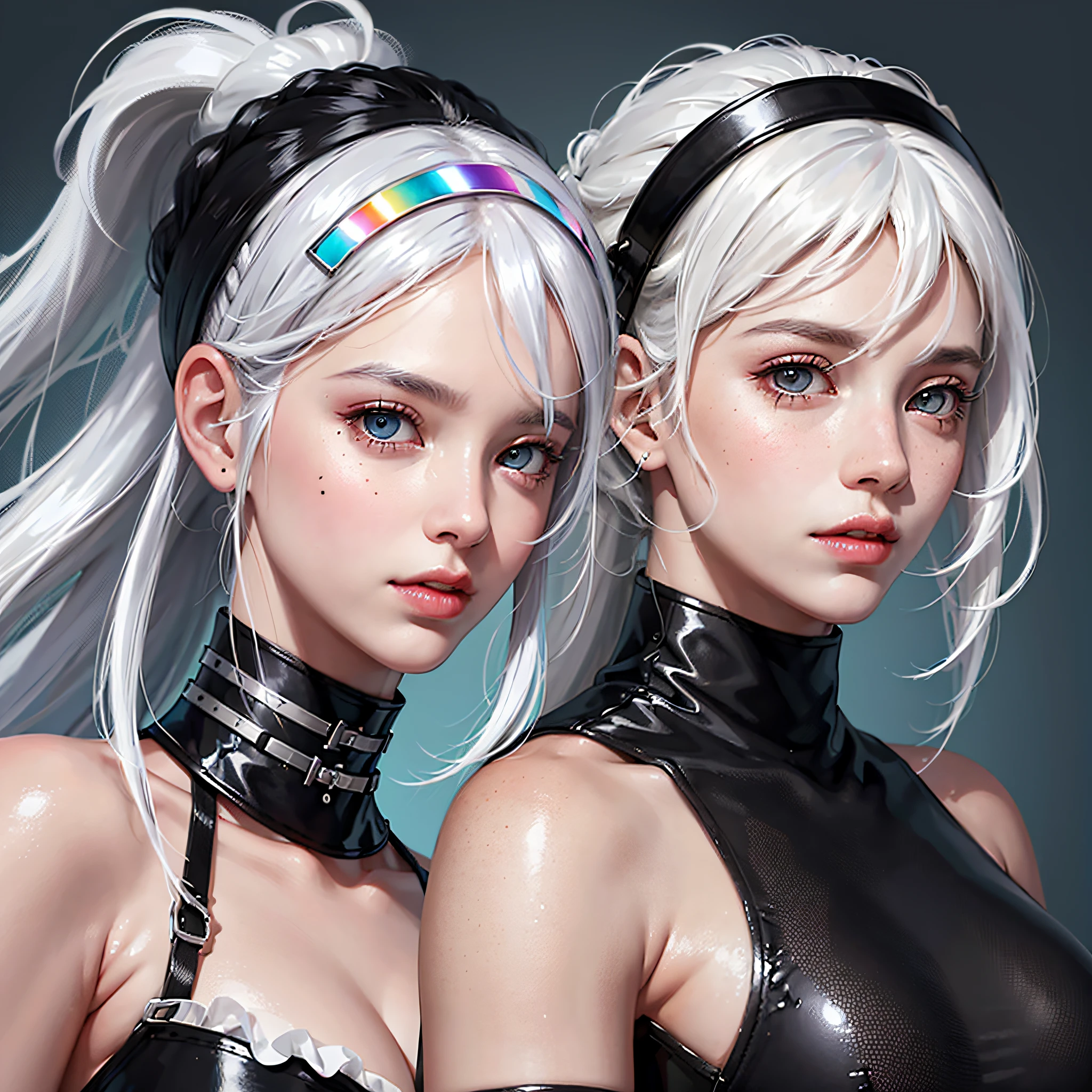 Big Tits, black hair, white hair, multicolored hair, ponytail, hair strand, white hairband, mole under eye, aqua eyes, high detail, cinematic lighting, Canon, three sided view, UHD, 8k, high quality --auto --s2