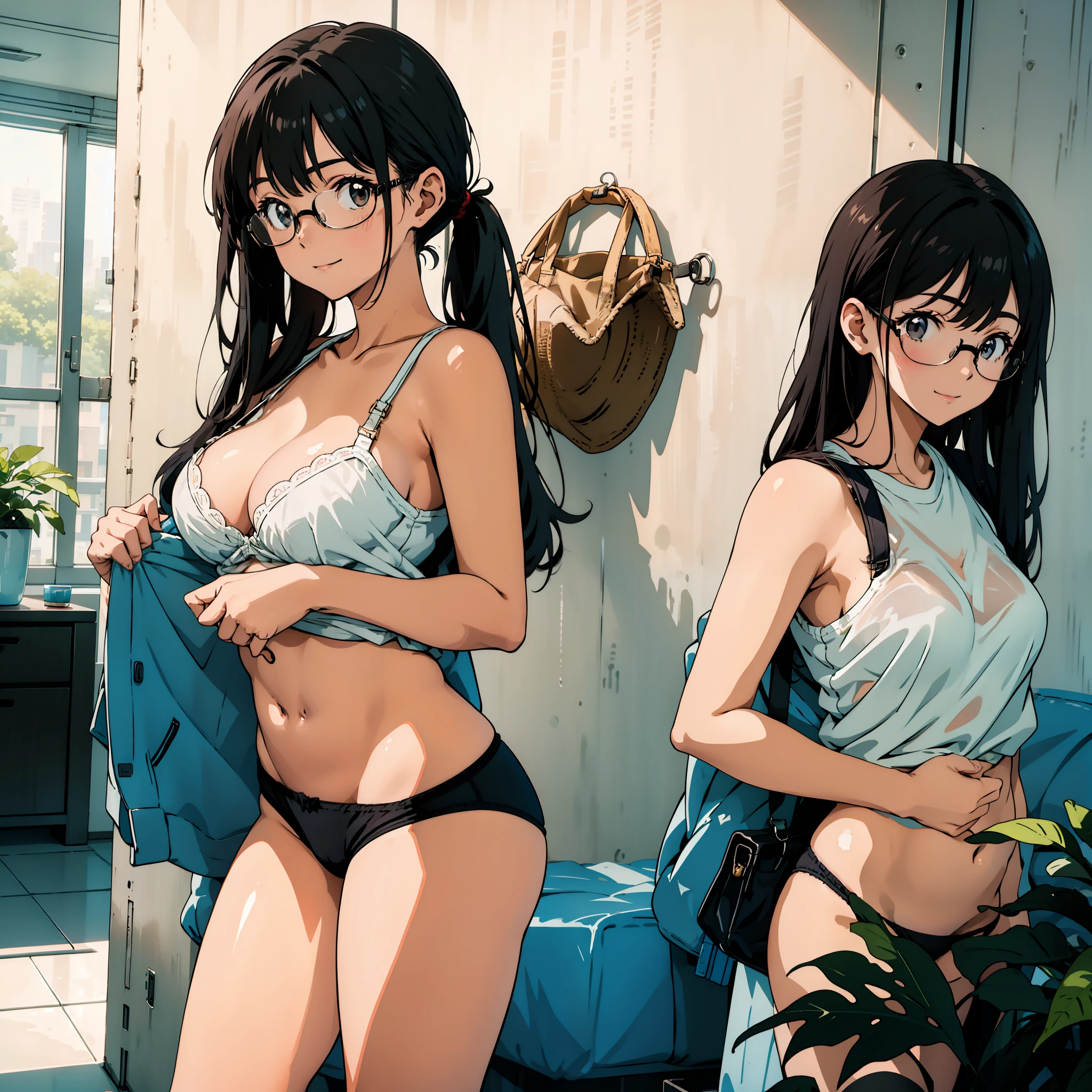 One girl, naughty pose, gentle face, in the middle of taking off clothes, in underwear, wet and sheer, cute bra, showing off the crotch, hands on the crotch, clear liquid leaking from the crotch, cute underwear, long bangs, smiling girl, , big breasts, black hair pigtails, black hair, brooding, glasses, chubby,, red cheeks,