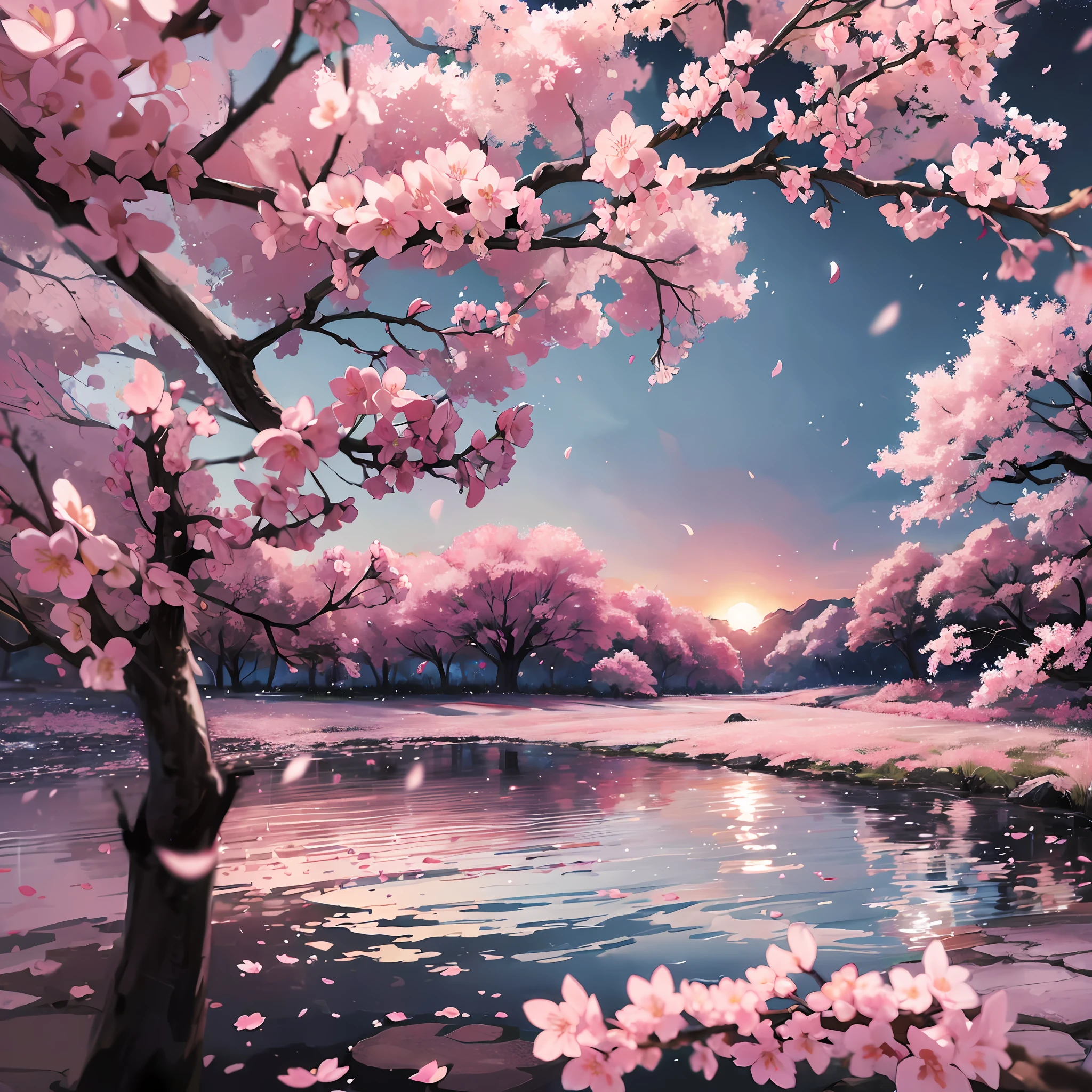 Computer, realistic fantasy, Extensive landscape ultra photography (general view showing raindrops, cherry blossom branch, petals), fog, dawn, blurred background, gloomy, magic --auto --s2