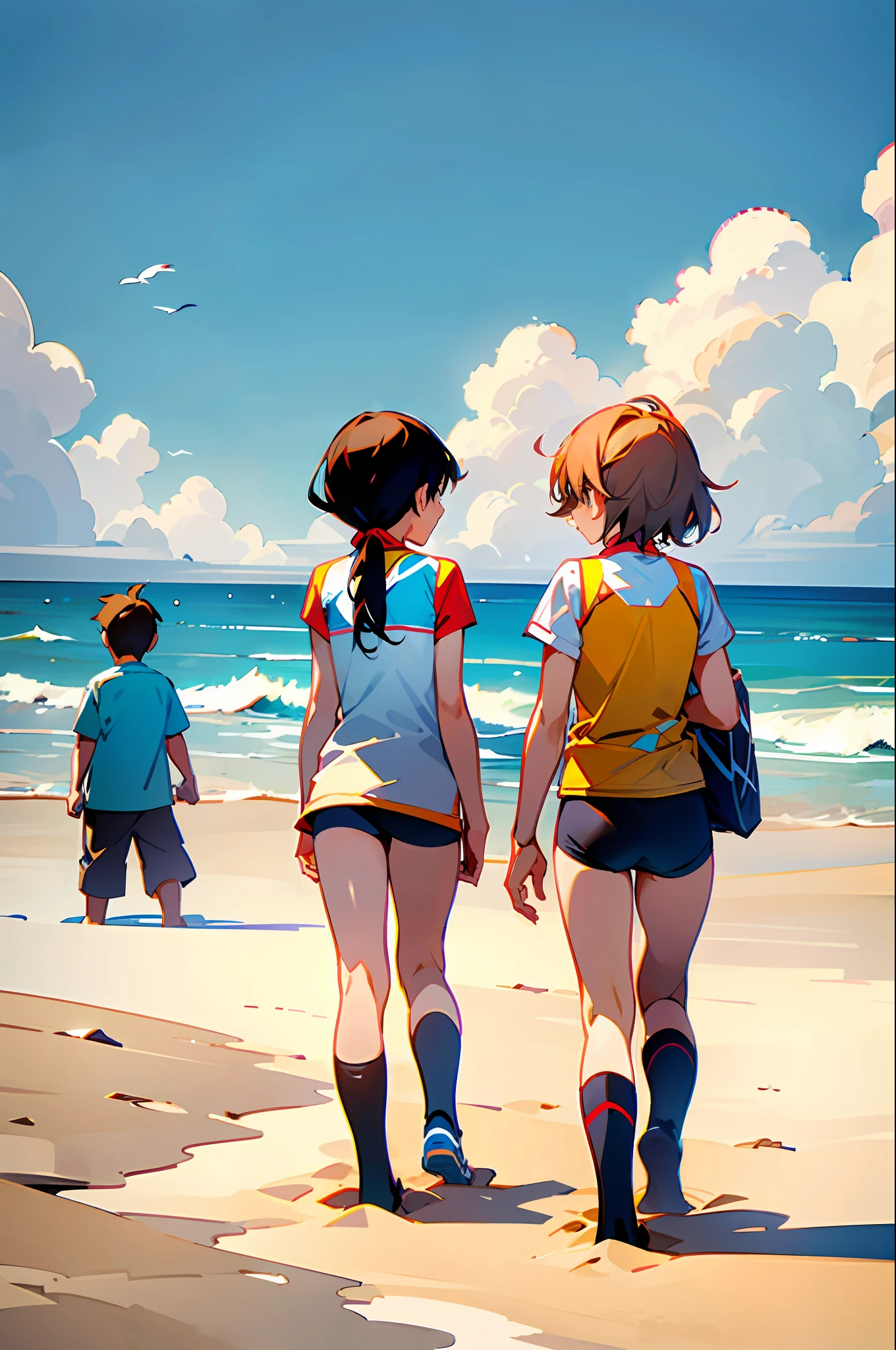 Two women and one boy were walking by the beach, and two girls were talking. There are 3 kids playing beach volleyball in front