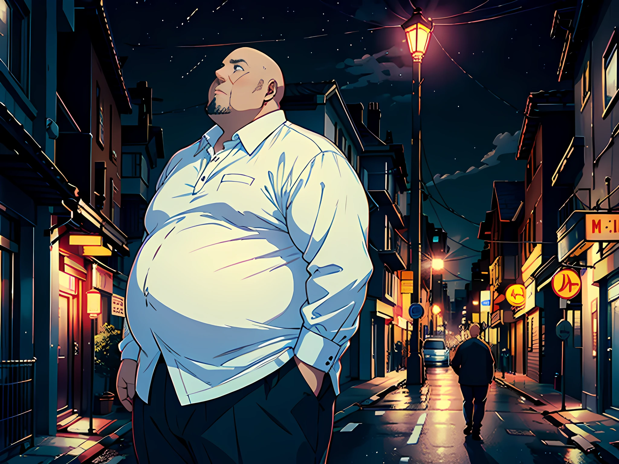 1 man, bald, obese, middle-aged man, white shirt, standing on the street, looking up at the sky, night, dim street lamp