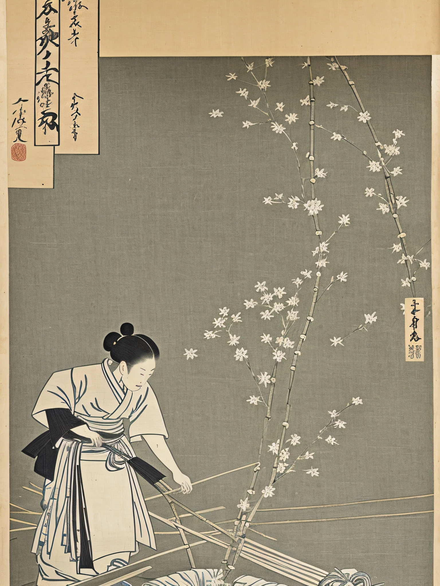 He even drew the texture of Japanese paper and made black and white woodblock prints in ink. In the early Showa period, she was about 32 years old, and she was a woman with no strong self-esteem in a kimono and kappo kimono. Radishes are being cut in the old kitchen. You can also see the bamboo pole.