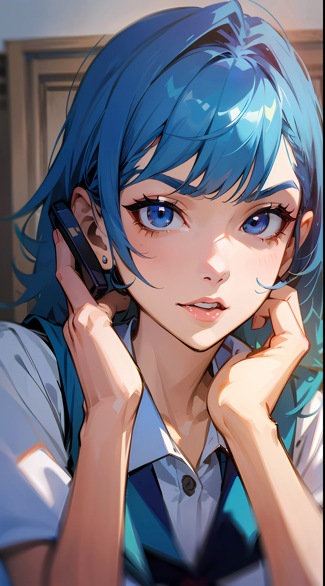 Masterpiece, of the best quality, a blue-haired woman answering the phone, sneering expression, bedroom, wearing a school uniform, Artie Guéran style