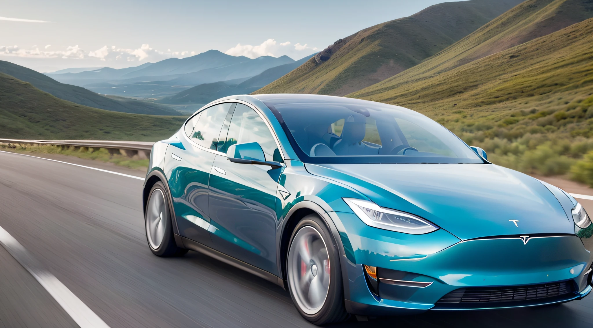 Low-angle shooting, a sky-blue Tesla Model Y speeding on a mountain road (motion blur), green mountains in the distance, top side light, motion picture film P30