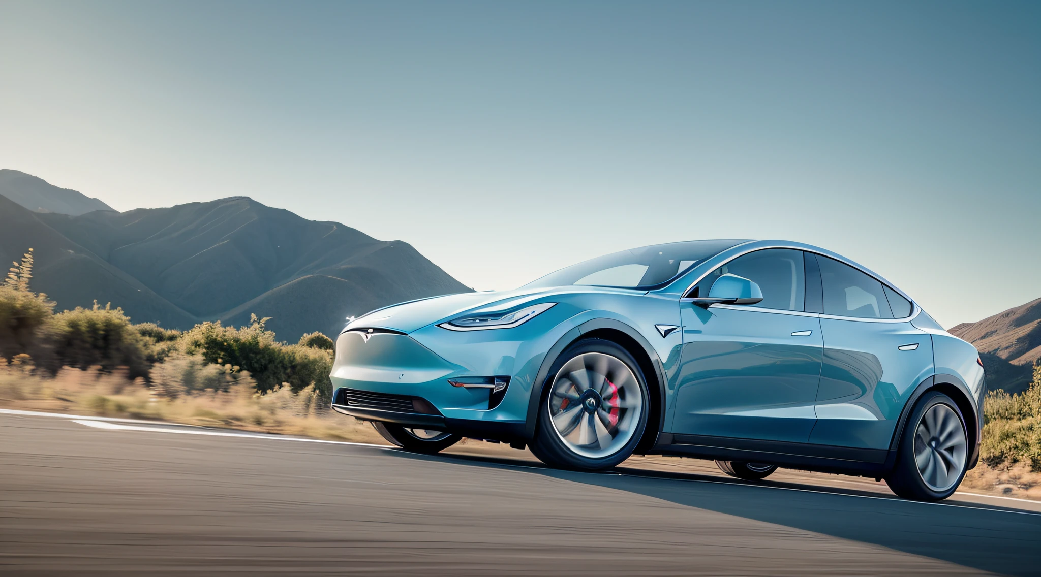 Low-angle shooting, a sky-blue Tesla Model Y speeding on a mountain road (motion blur), green mountains in the distance, top side light, motion picture film P30