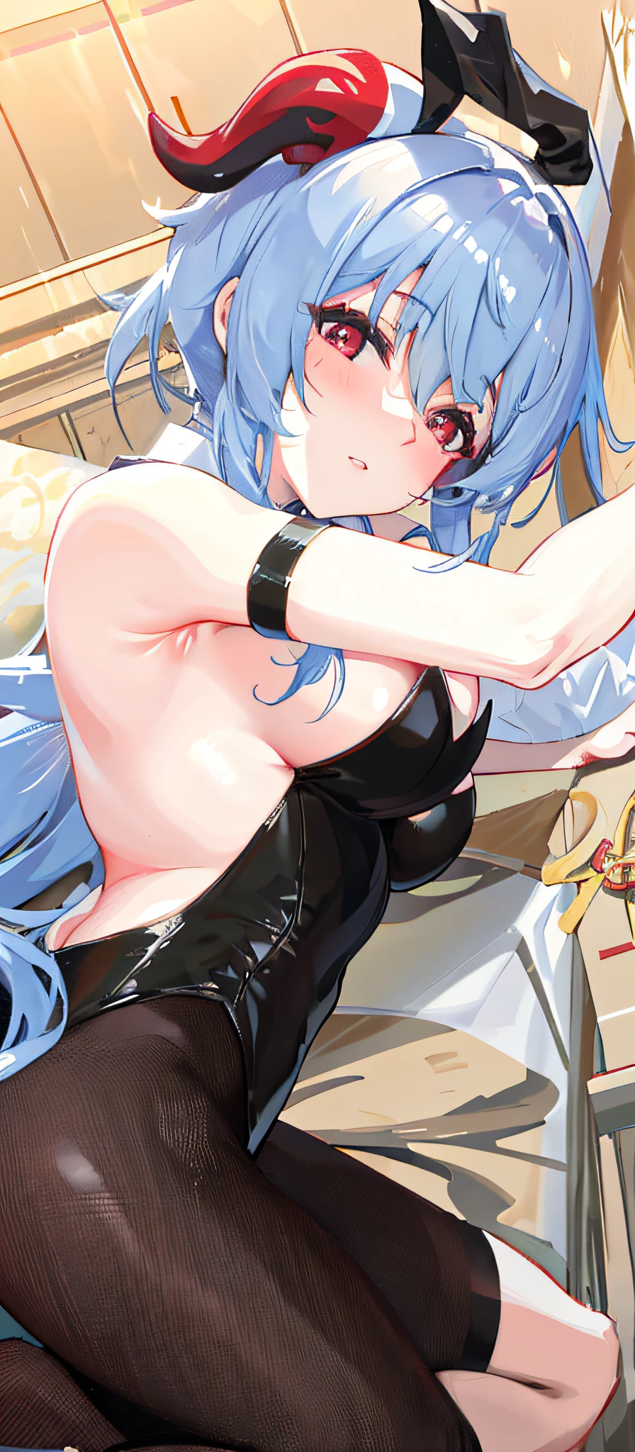 Genshin Ganyu, HD, 4k, Bunny Girl, Big Breasts, Cleavage, Tease, Black Silk, Red Stiletto Heels, Reddened Cheeks