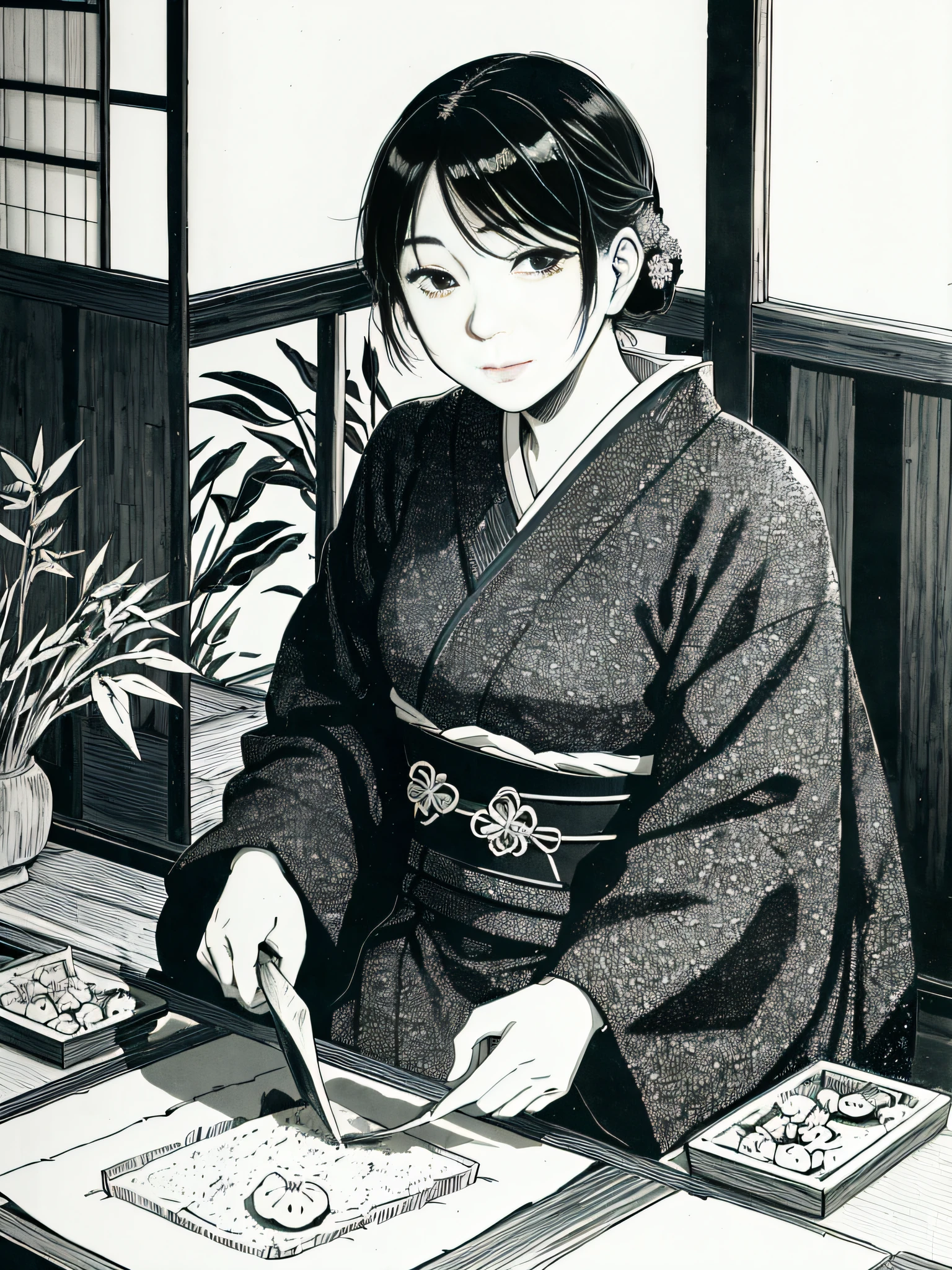 He even drew the texture of Japanese paper and made black and white woodblock prints in ink. In the early Showa period, she was about 32 years old, and she was a woman with no strong self-esteem in a kimono and kappo kimono. Radishes are being cut in the old kitchen. You can also see the bamboo pole.