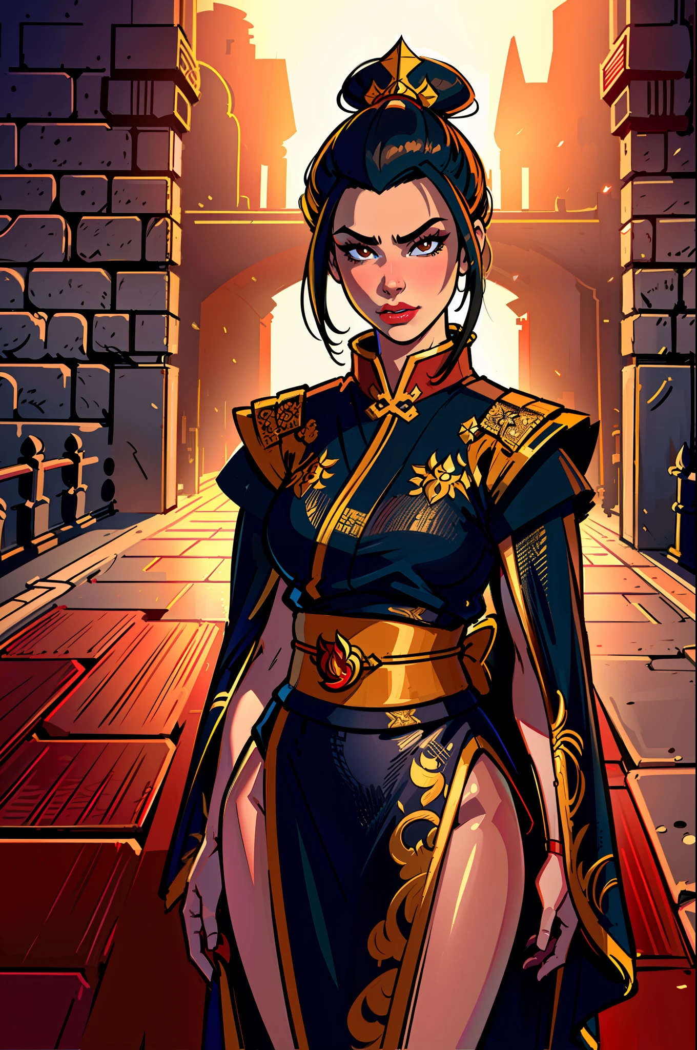 ultra-realistic 8k CG, masterpiece, ((ultra detailed background, fine drawing, intricate details, high detail, better quality fine details, hyper-detailed face)), (photorealistic: 1.4), beautiful lighting, absurdity, RAW photo, film grain, Azula, 1girl, solo, black hair, brown eyes, makeup, lipstick, red lips, single hair bun, navel, side strands, hair decoration, ((medium breasts, slim girl, whole body)),  ((open kimono, Chinese clothes)), ((complex detailed background, inside, dim lighting, moody lighting, inside the castle, castle wall, inside, medieval castle environment))