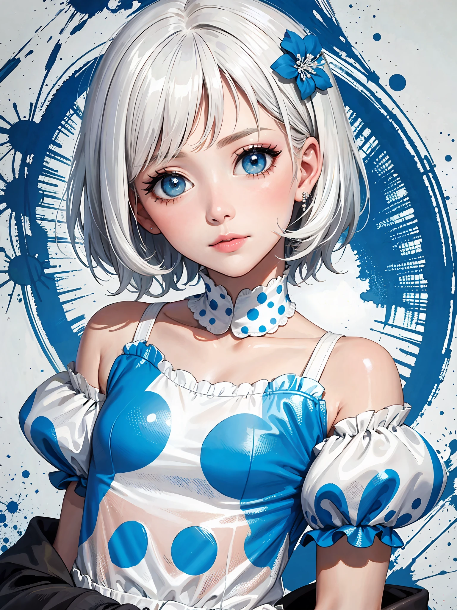 masterpiece, top quality, illustration, (cartoon: 1.4), (painting: 1.2),(black and blue and white polka dot t-shirt: 1.9), (white hair: 1.8), short hair, face whitening, big eyes, long lashes, blue-eyed girl, beautiful girl, white shoulder shirt, super detailed, beautiful detailed face, gradient, color splash, polka dots, splashes, splashes, color splashes, color splashes, masterpiece, White hair, short hair, shiny, shiny, immaculate girl (1,5), upper body, bare shoulders, short length, bare shoulderes, , 16 years old, resolution max, super babe, ultramarine sky, thin paint style, , top quality, masterpiece, high saturation, paint, beautiful makeup, mouth closed, watching from the side