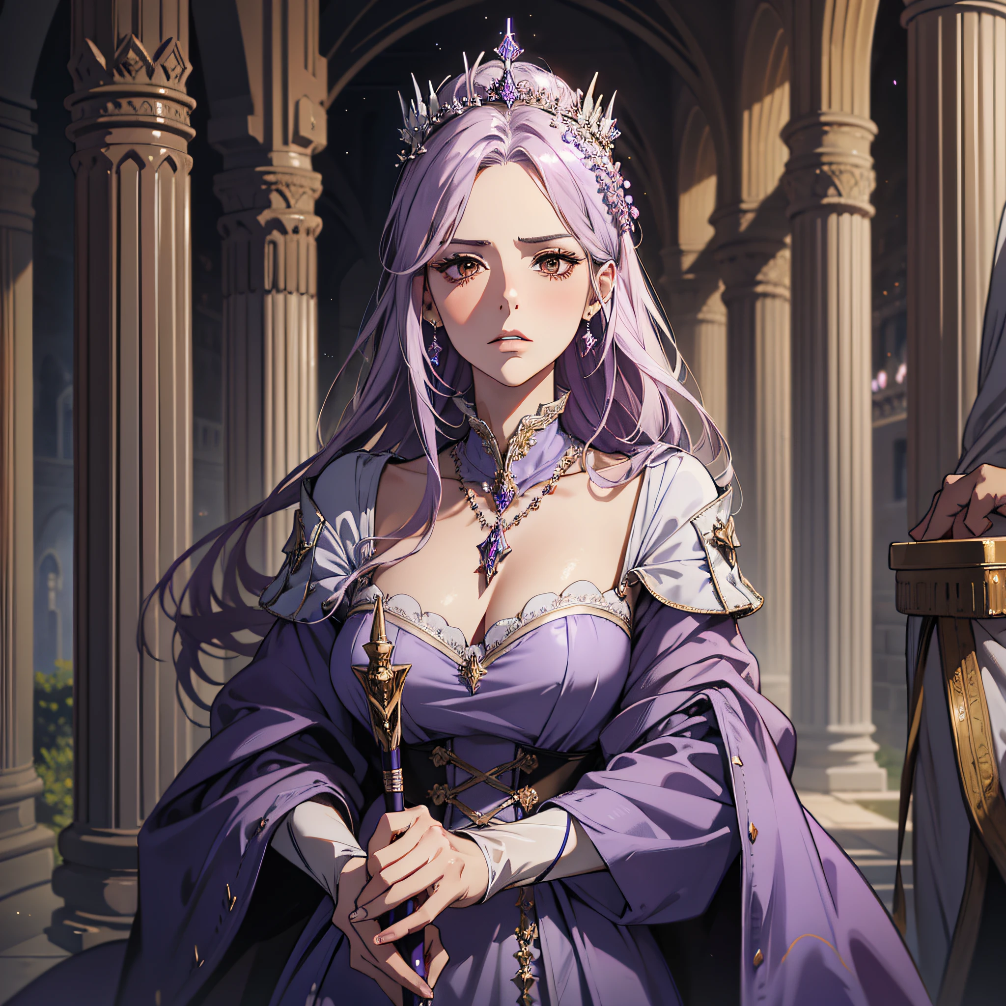(absurd, high resolution), (panorama), a woman, mature, beautiful, tall, queen's dress, lilac complex dress, exquisite, holding a wand, brown eyes, lilac hair, silver crown on the head, irritated, serious, in the palace, soldiers in the rear, magical, Western-style medieval style