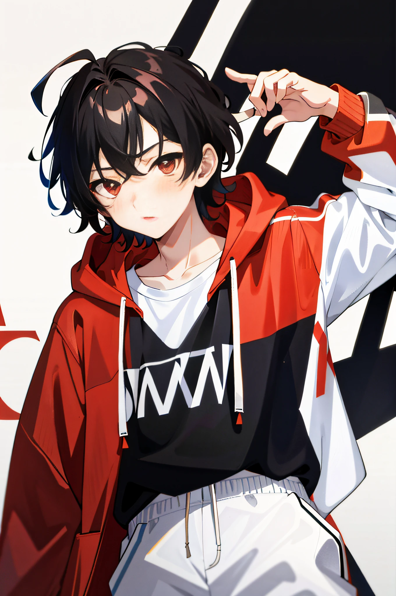 1 boy, dude, brunette hair, comma hair, comma hair on forehead, korean hair, street style, black and red hoodie, sweatshirt, white shorts, white background, shiny, red eyes, looking at the audience, upper body
