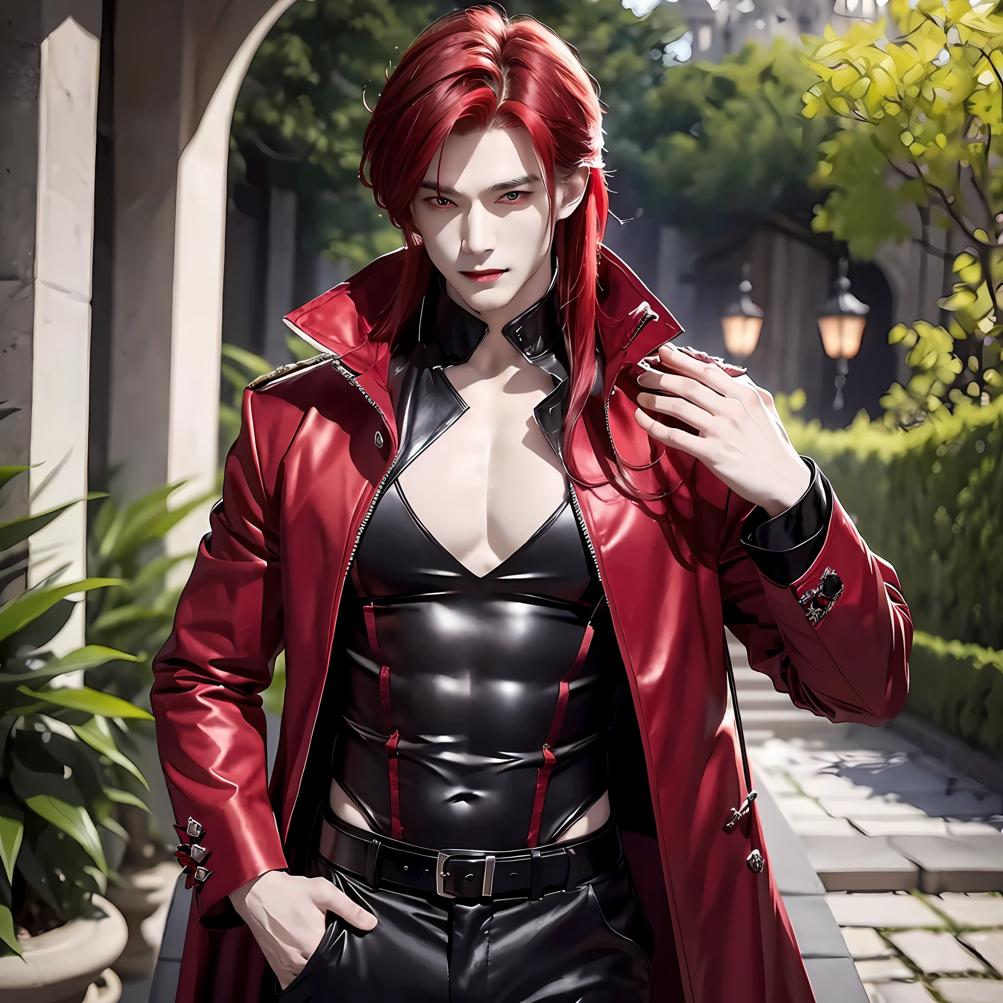 vampire vampire prince with red colour hair , red eyes , showing fangs , broad chest , big shoulder, six abs , black shirt and pant with red coat , tall , handsome man who lives in beautiful palace with beautiful garden which surrounds moonlight , clear vision no blur
