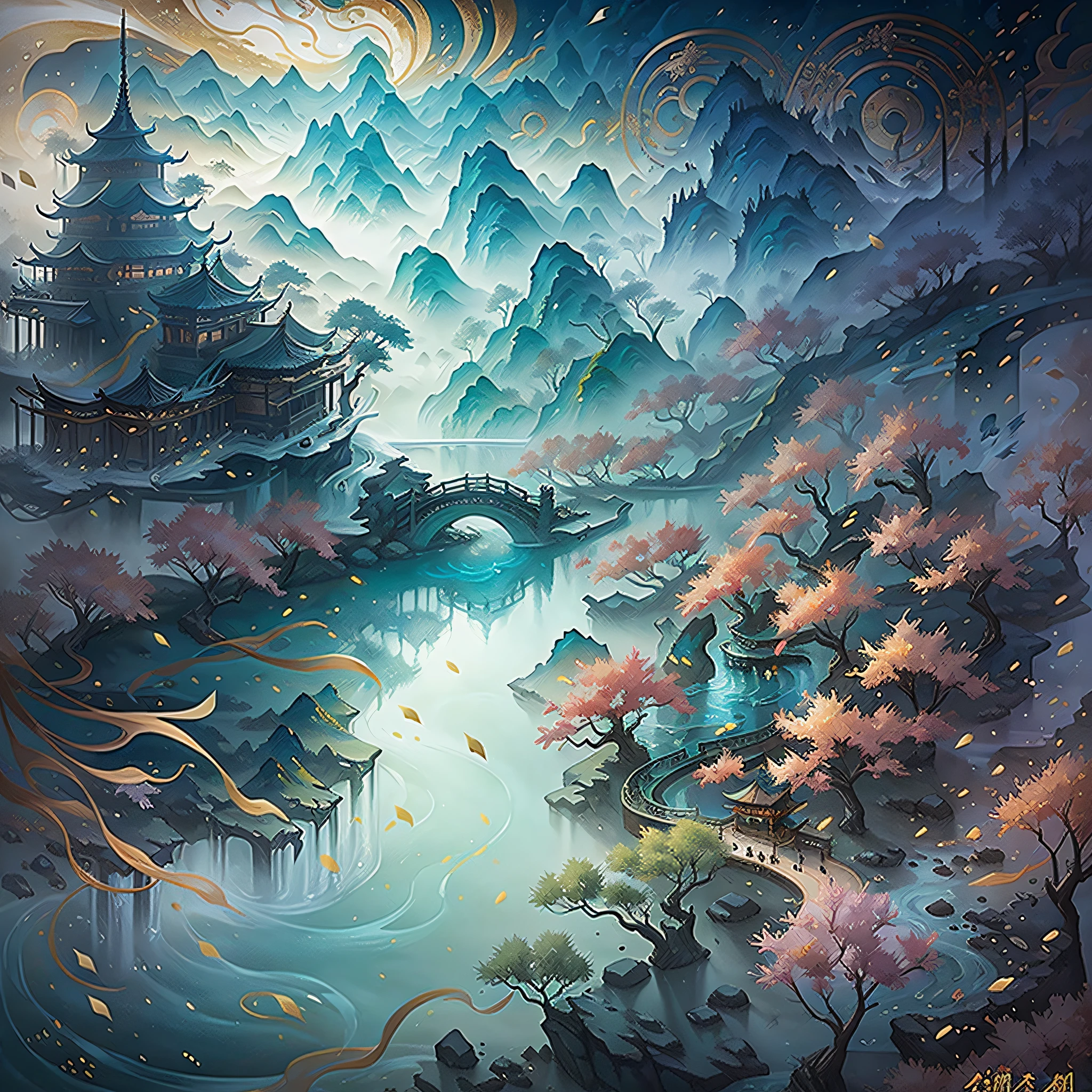 (fantasy, immortal cultivation, fantasy scene) sunshine, best shadow, masterpiece, highest picture quality, 8K resolution, surrounded by mountains in the distance, flowing water, Chinese ancient buildings are scattered, fairy ethereal, fine details, showing the Tyndall effect, perfectly presenting the beauty of this mysterious wonderland. --auto --s2