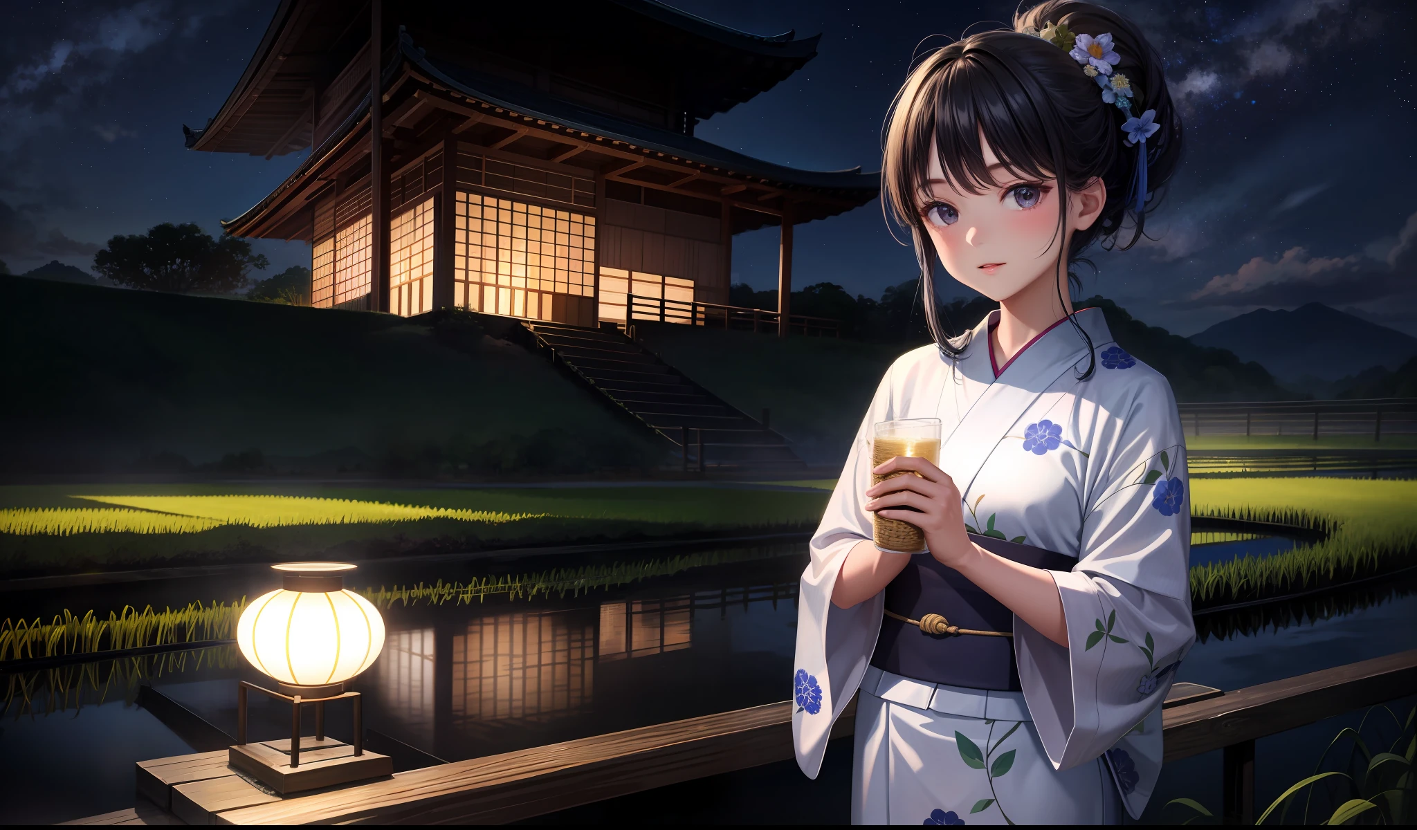 Beauty, 25 years old, country road, rice field, yukata, night, starry sky, danfan,