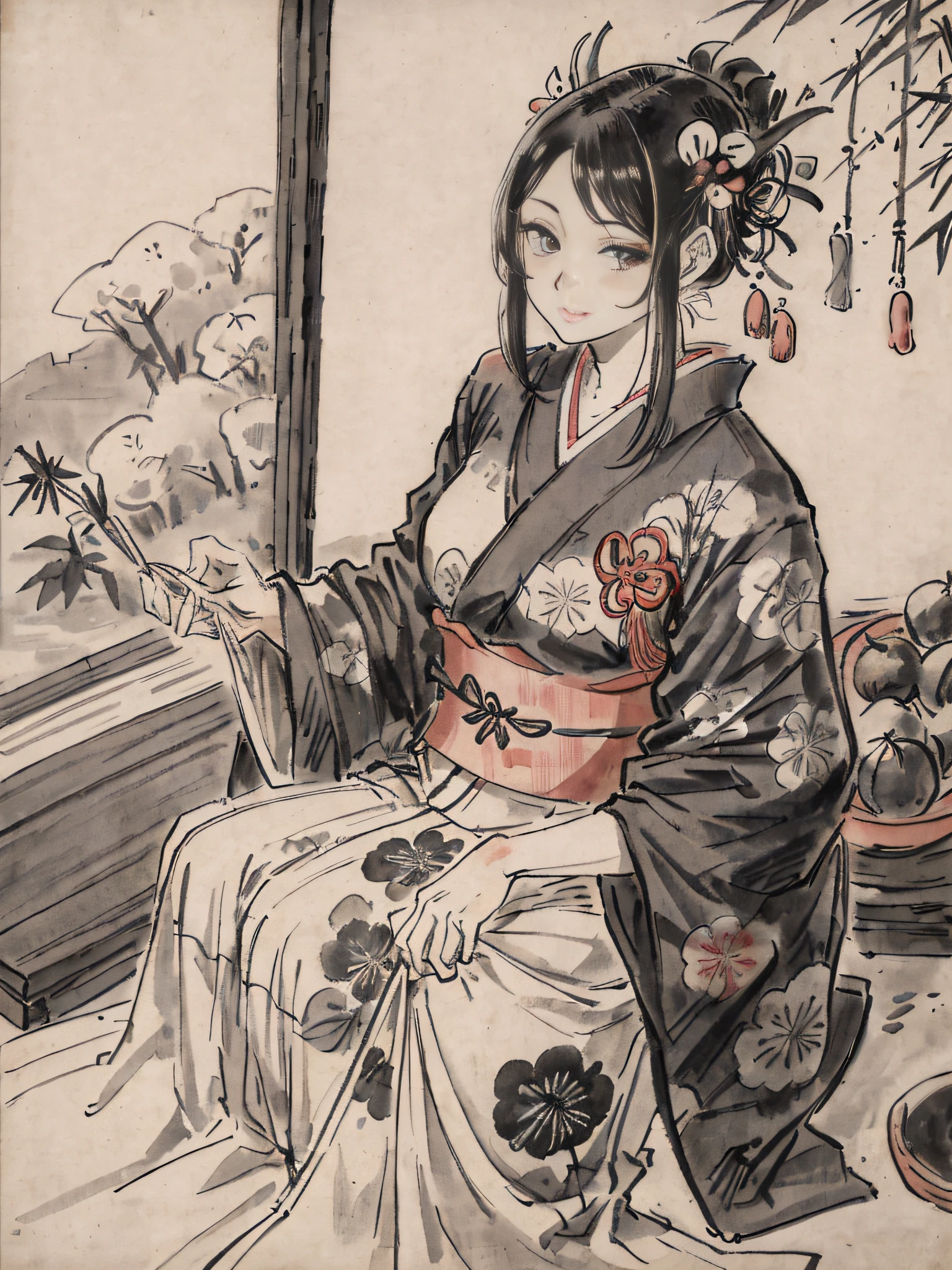 He even drew the texture of Japanese paper and made black and white woodblock prints in ink. In the early Showa period, she was about 32 years old, and she was a woman with no strong self-esteem in a kimono and kappo kimono. Radishes are being cut in the old kitchen. You can also see the bamboo pole.