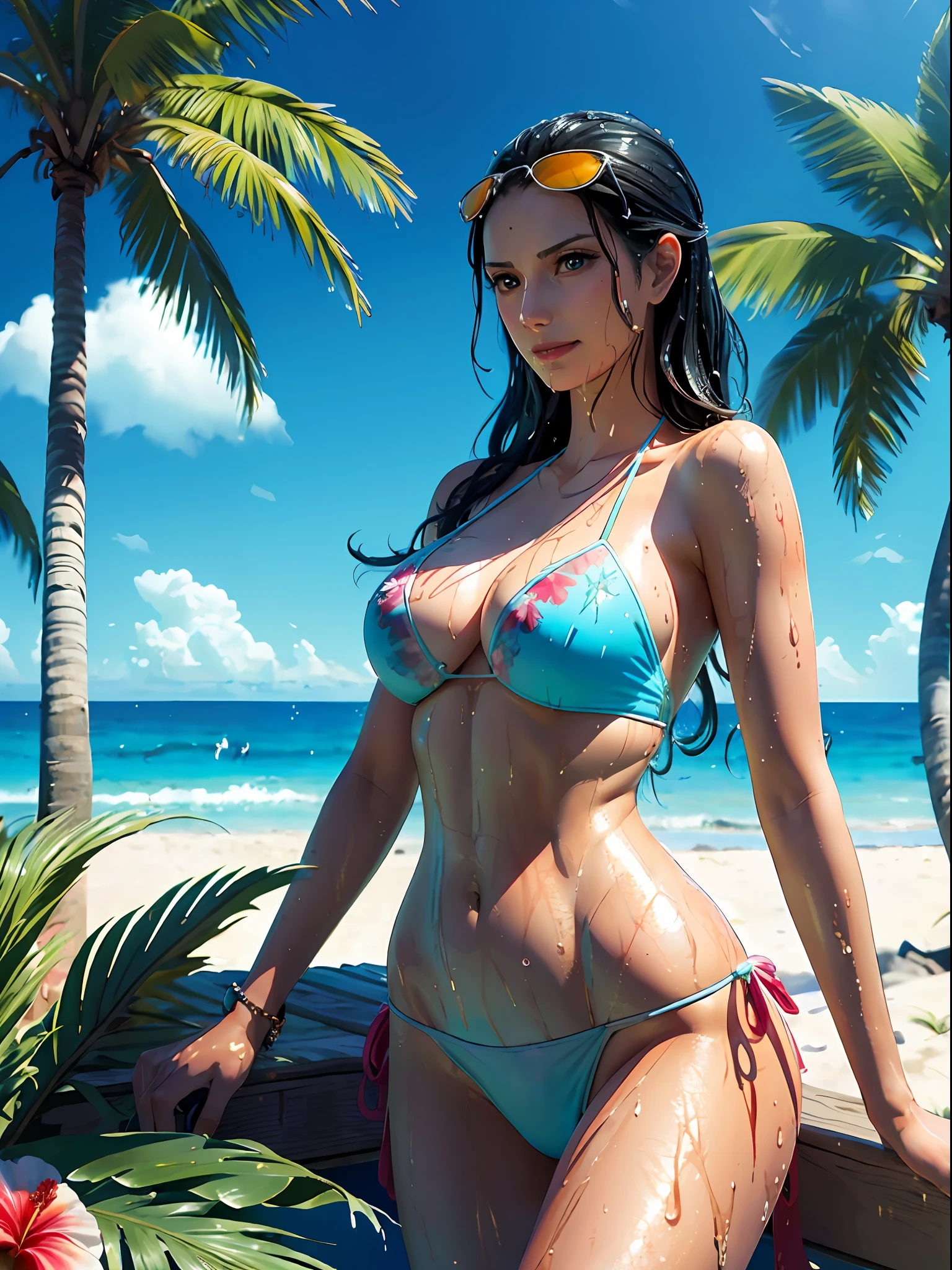 1girl (masterpiece:1.2) (detailed:1.2) (best quality:1.1)(illustration:1.1) (shiny hair) (shiny skin), NicoRobinV2, cinematic lighting, (wet skin, wet hair, ocean:1.2), bikini, ocean, (beach, palm trees), beach, clear water,(blue sky, cumulonimbus),(island),(hibiscus),smile, sunglasses, blue eyes, one piece, Nico Robin,