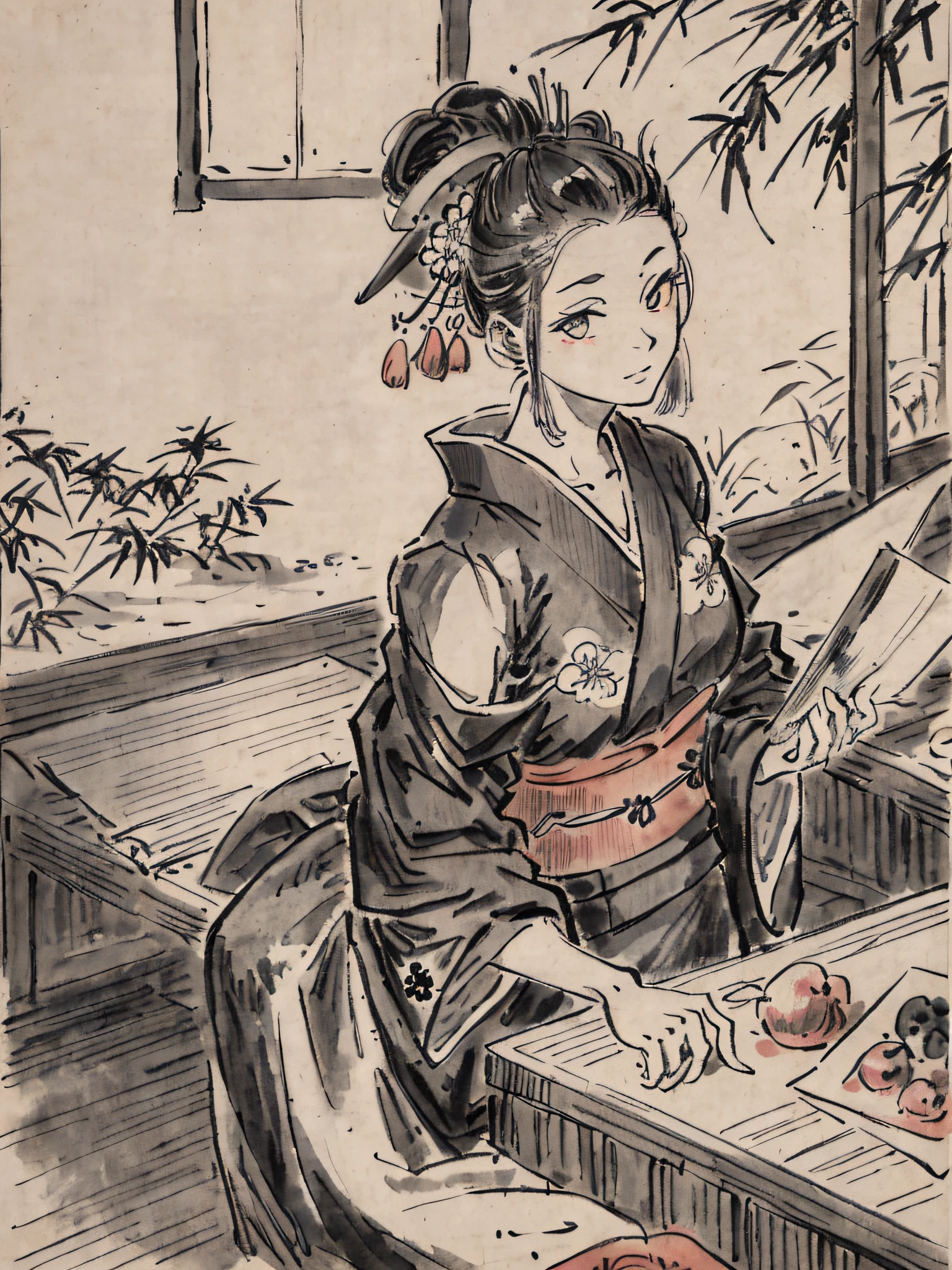 He even drew the texture of Japanese paper and made black and white woodblock prints in ink. In the early Showa period, she was about 32 years old, and she was a woman with no strong self-esteem in a kimono and kappo kimono. Radishes are being cut in the old kitchen. You can also see the bamboo pole.