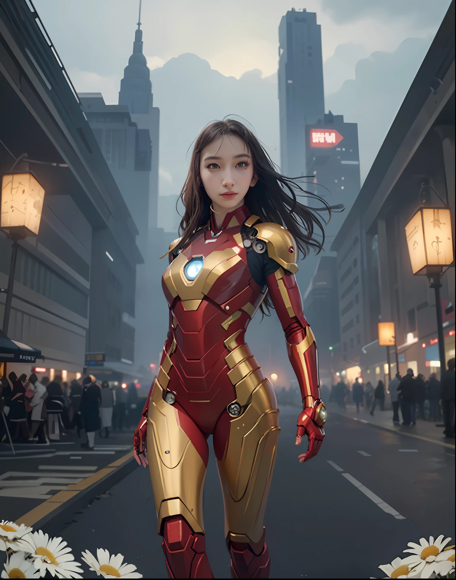 RAW, Masterpiece, Super Fine Photo,, Best Quality, Ultra High Resolution, Photorealistic Photorealism, Sunlight, Full Body Portrait, Amazing Beauty,, Dynamic Pose, (from the side), She Wears Futuristic Iron Man Mecha, Red and Gold Color Scheme, Detailed Face, Detailed Complex Busy Background, Messy, Gorgeous, Milky White, Highly Detailed Skin, Realistic Skin Details, Visible Pores, Sharp Focus, Volumetric Fog, 8K UHD, DSLR Camera, High Quality, Film Granularity, Fair Skin, Photo realism, lomography, sprawling metropolis in futuristic dystopia, seen from below, translucent, sea of daisy flowers