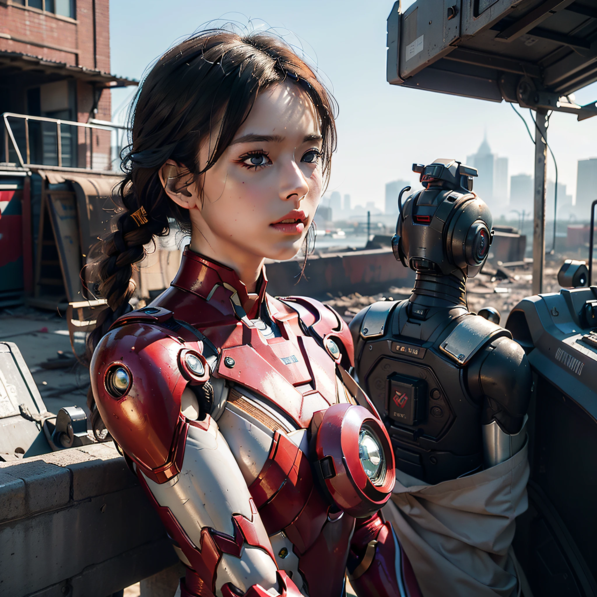 RAW, masterpiece, ultra-fine photo,, best quality, ultra high definition, photorealism, sunlight, full body portrait, stunningly beautiful,, dynamic pose, delicate face, vivid eyes, (side view), she wears futuristic Iron Man mecha, red and gold color scheme, highly detailed abandoned warehouse background, detailed face, detailed and complex busy background, messy and gorgeous, milky, High Detail Skin, Realistic Skin Details, Visible Pore, Sharp Focus, Volumetric Fog, 8K UHD, DSLR Camera, High Quality, Film Grain, Fair Skin, Photorealism, Lomography, Futuristic Dystopia, Vast Metropolis, View from Below, Translucency, Iron Man