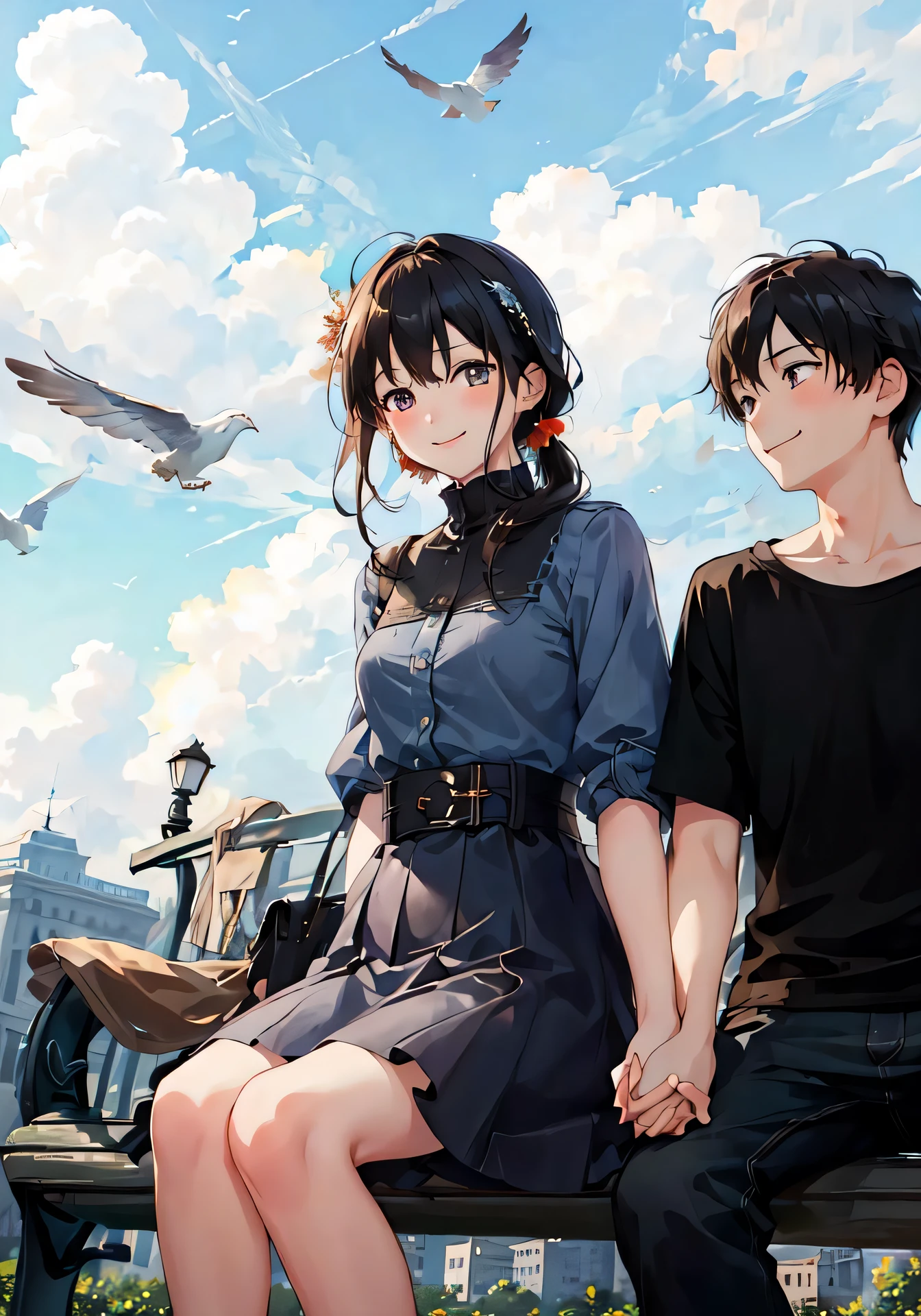 (masterpiece:1.3), best quality, official art, 1girl, 1boy, (cute:1.3), sitting on a park bench, (holding hands), smiling, blushing, (bright), (:D:0.6), sun light, cumulonimbus clouds, birds