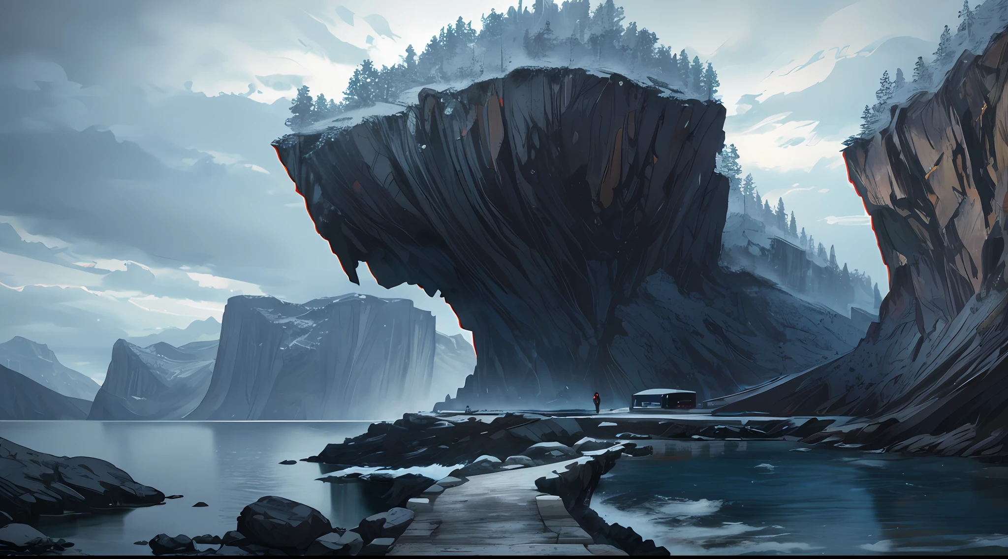 big cave entrance, masterpiece, top quality, high quality, highly detailed CG unity 8k wallpaper, landscape, outdoor, sky, clouds, day, peopleless, mountain, landscape, water, tree, blue sky, waterfall, cliff, nature, lake, river, cloudy sky, award-winning photography, bokeh, depth of field, HDR, bloom, chromatic aberration, photorealistic, highly detailed, artstation trend, CGsociety trend, Intricate, high-detail, dramatic, mid-journey art