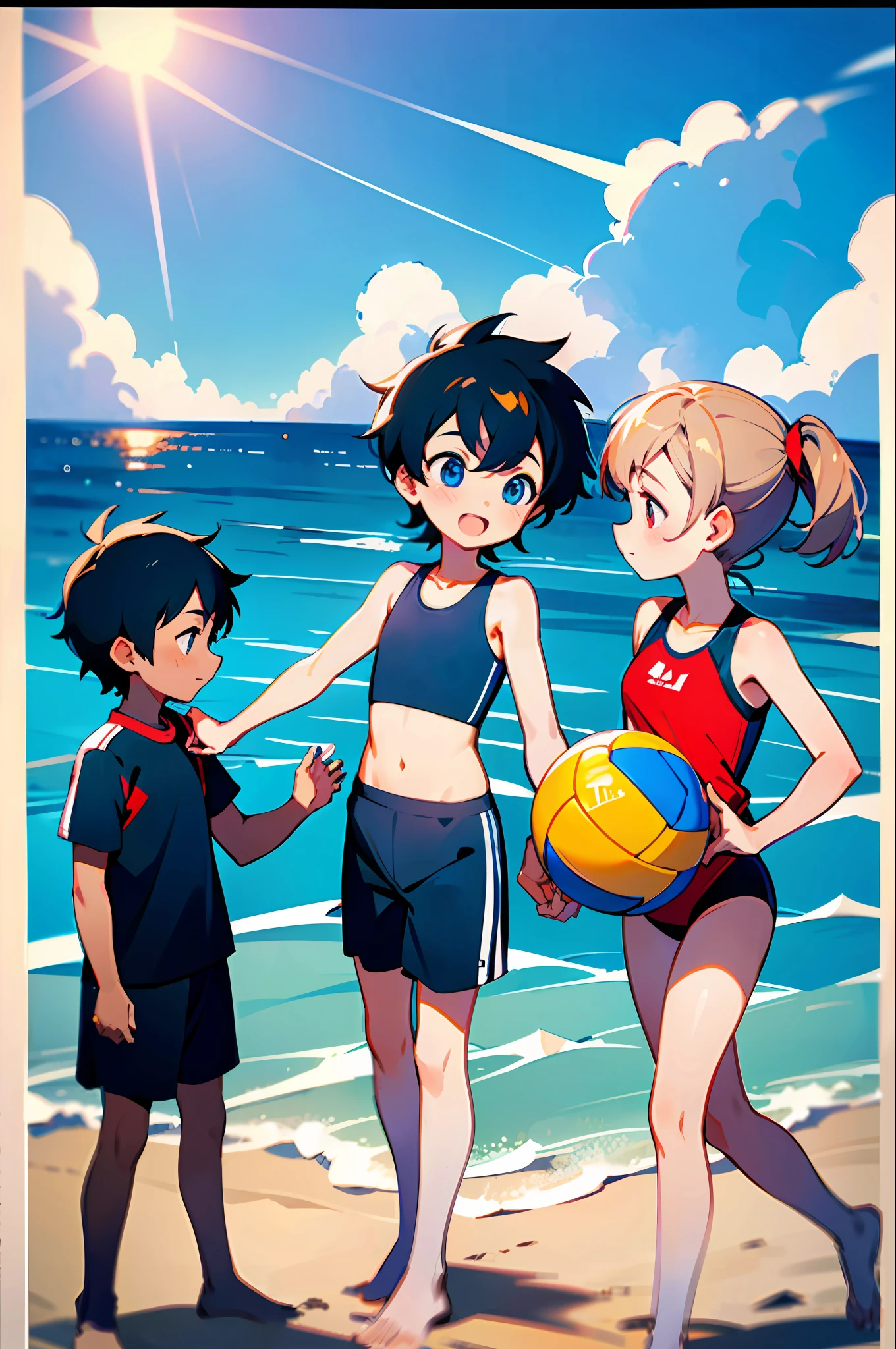 One boy enrolled a girl, at the beach, and there were 3 children playing beach volleyball in front of him