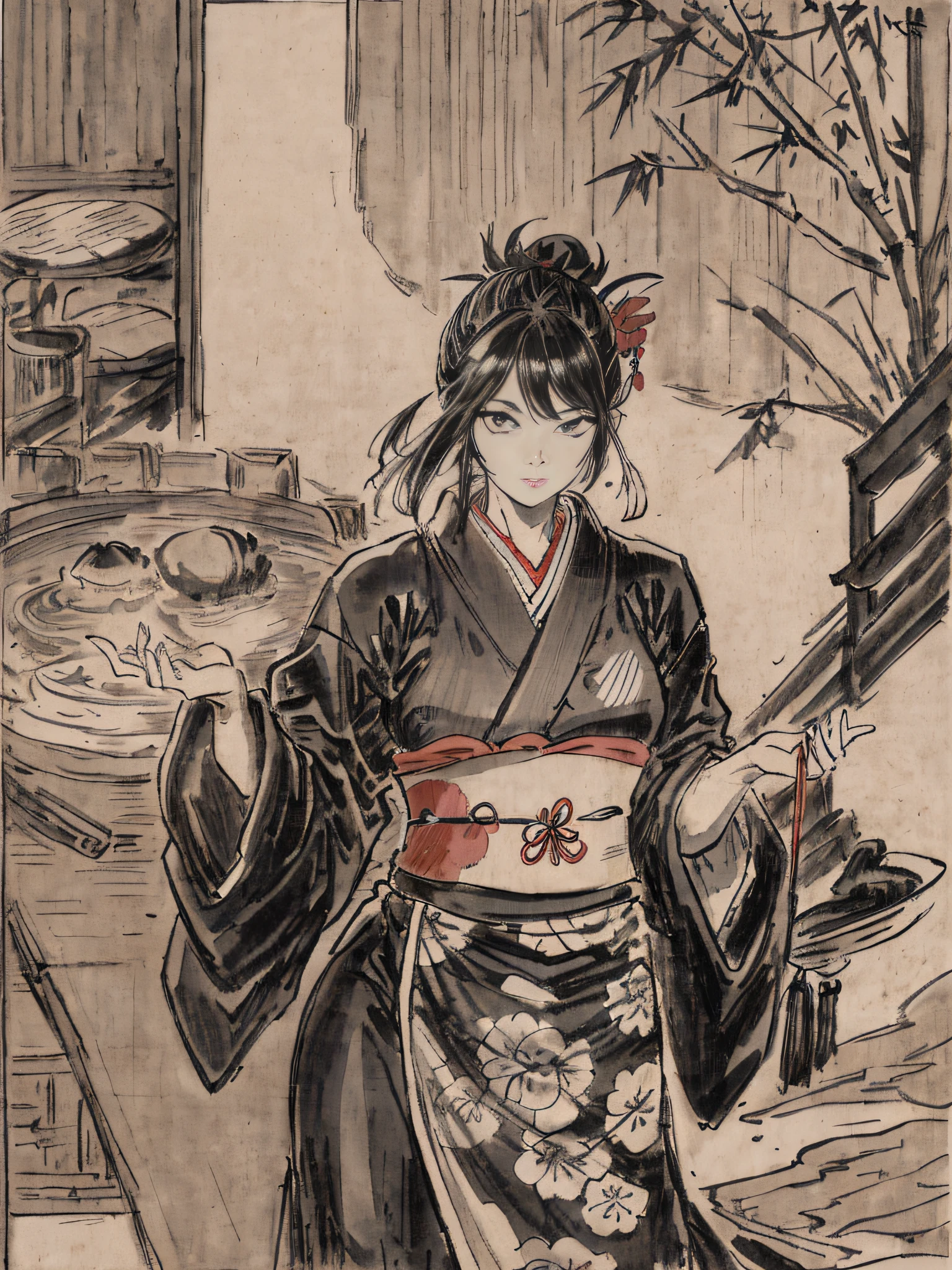 He even drew the texture of Japanese paper and made black and white woodblock prints in ink. In the early Showa period, she was about 32 years old, and she was a woman with no strong self-esteem in a kimono and kappo kimono. Radishes are being cut in the old kitchen. You can also see the bamboo pole.