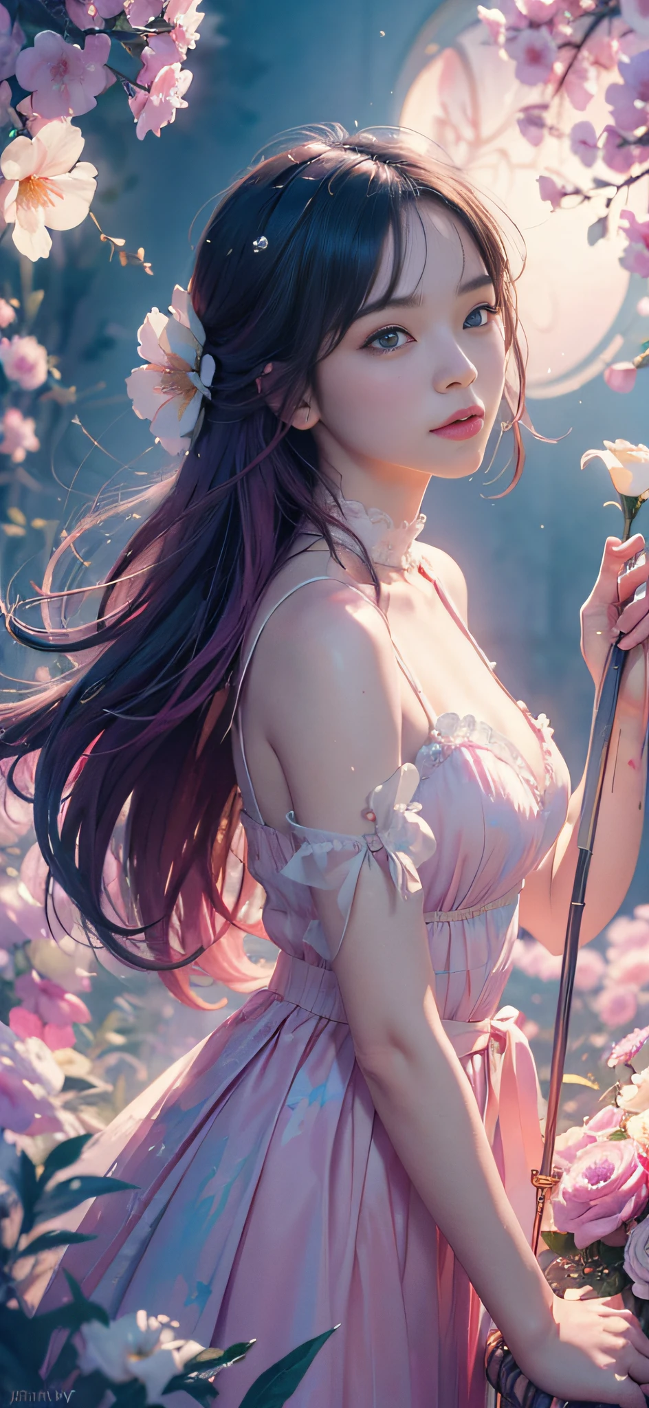 add_detail:2,1girl,detailed face,princess,taoist),flower, Lisianthus ,in the style of light pink and light azure, dreamy and romantic compositions, pale pink, ethereal foliage, playful arrangements,fantasy, high contrast, ink strokes, explosions, over exposure, purple and red tone impression , abstract, ((watercolor painting by John Berkey and Jeremy Mann )) brush strokes, negative space
