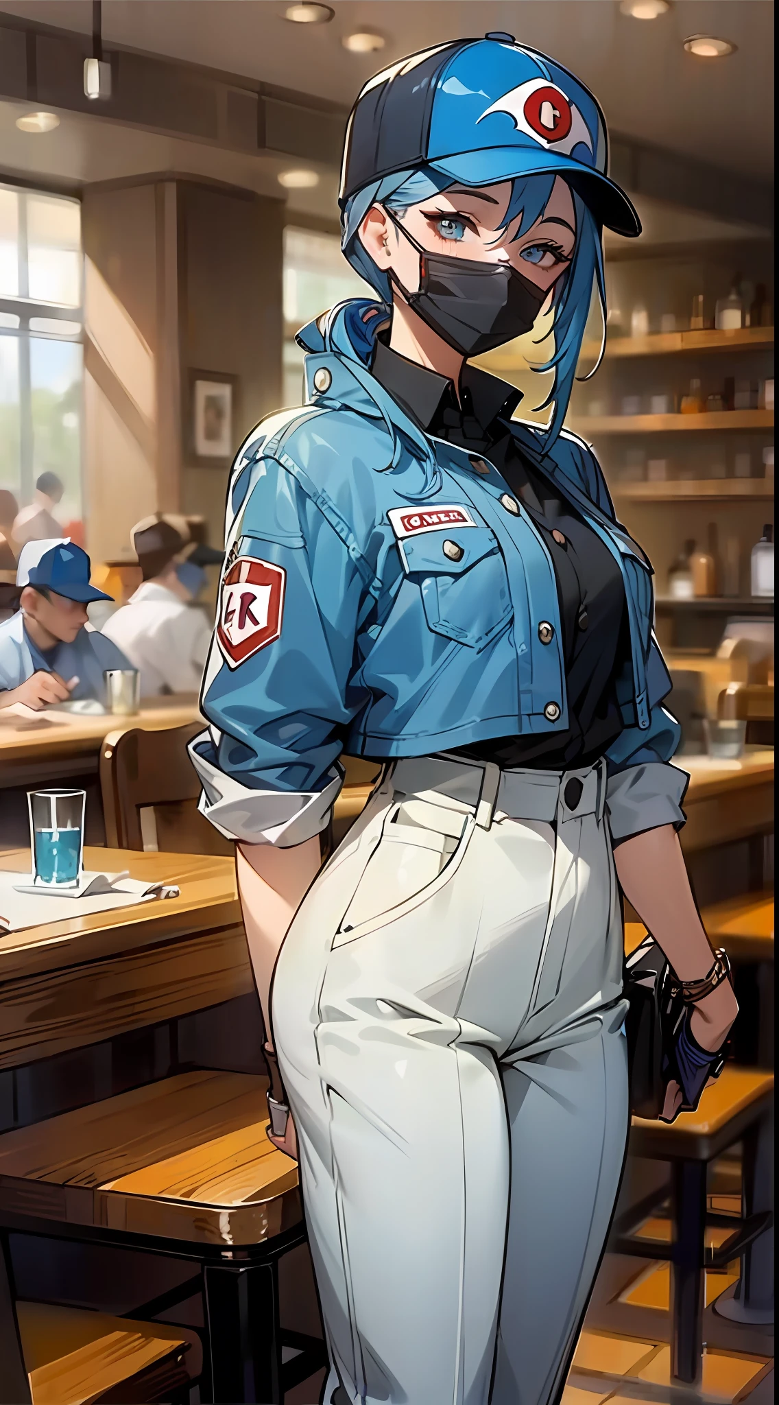 Masterpiece, of the best quality, a woman with blue hair, wearing a mask, wearing a baseball cap, in a restaurant, wearing slacks, Artie Guérin style