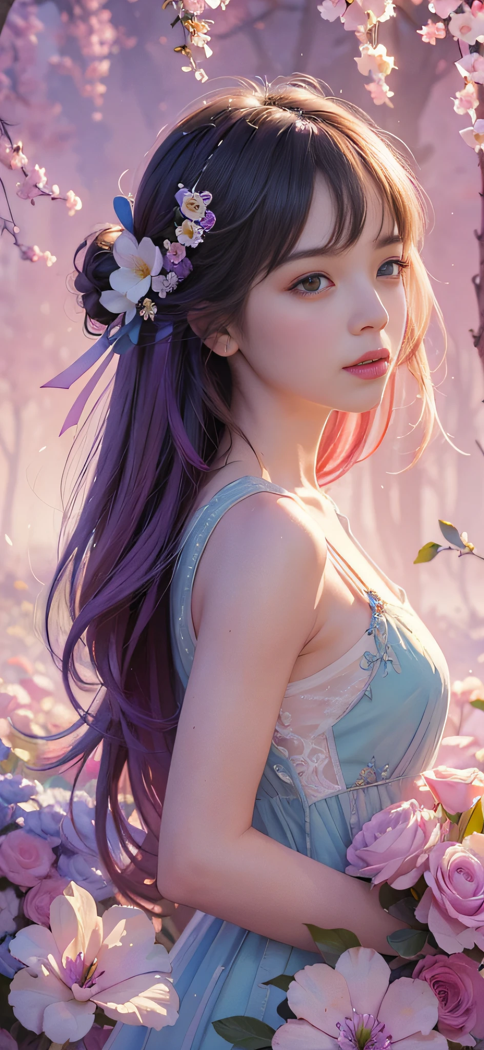 add_detail:2,1girl,detailed face,princess,taoist),flower, Lisianthus ,in the style of light pink and light azure, dreamy and romantic compositions, pale pink, ethereal foliage, playful arrangements,fantasy, high contrast, ink strokes, explosions, over exposure, purple and red tone impression , abstract, ((watercolor painting by John Berkey and Jeremy Mann )) brush strokes, negative space