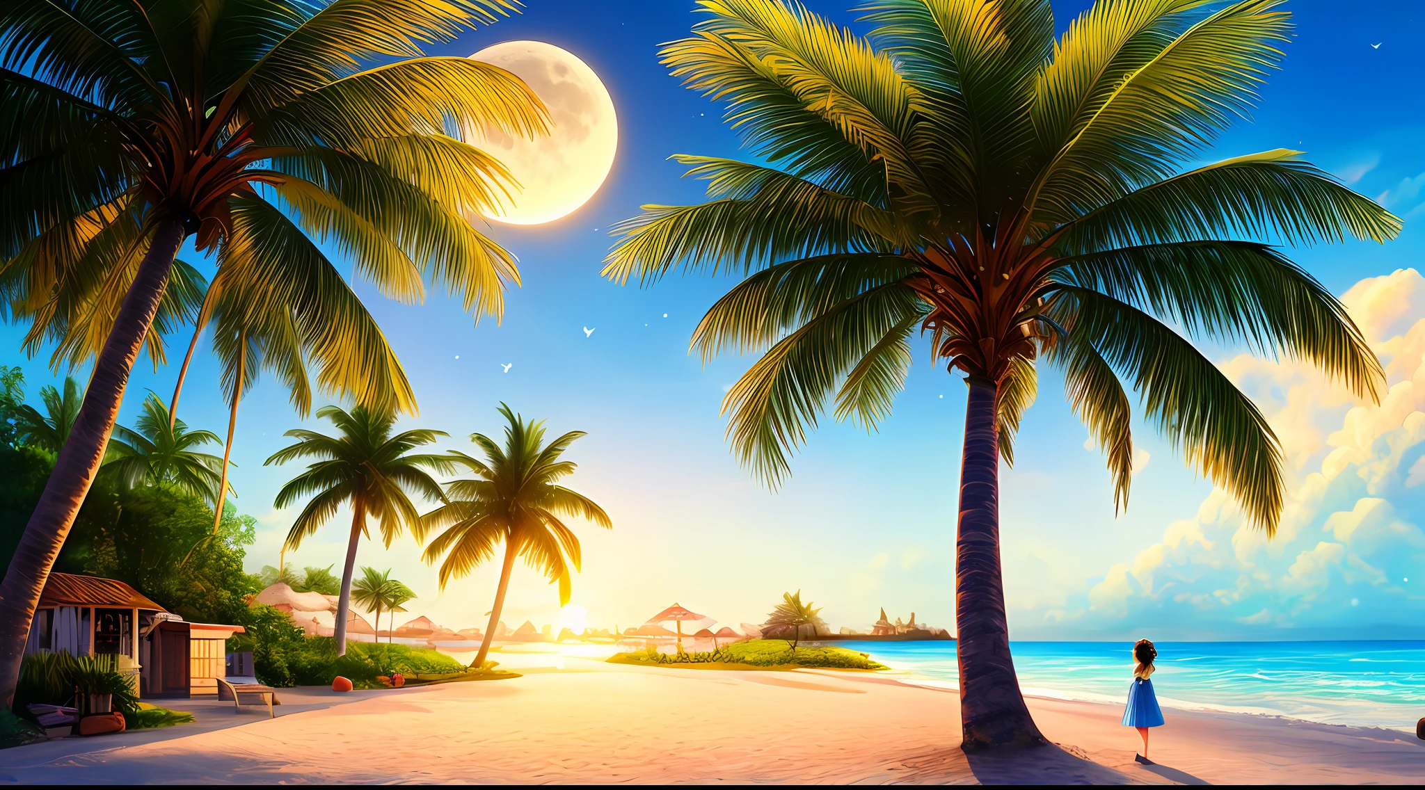 Masterpiece, top quality, high quality, highly detailed 8k wallpapers in CG units, charming and dreamy scenes of fantasy beaches, tall imperial palm trees, bright tambourines, creating a sense of mystery and enchantment, artistic stations, digital illustrations, complex, trending, pastel colors, oil paintings, award-winning photos, bokeh, depth of field, chromatic aberration, photorealistic, very detailed, art station trend, CGsociety trend, complex, highly detailed, dramatic, art in the middle of the journey, sun, moon and girl,