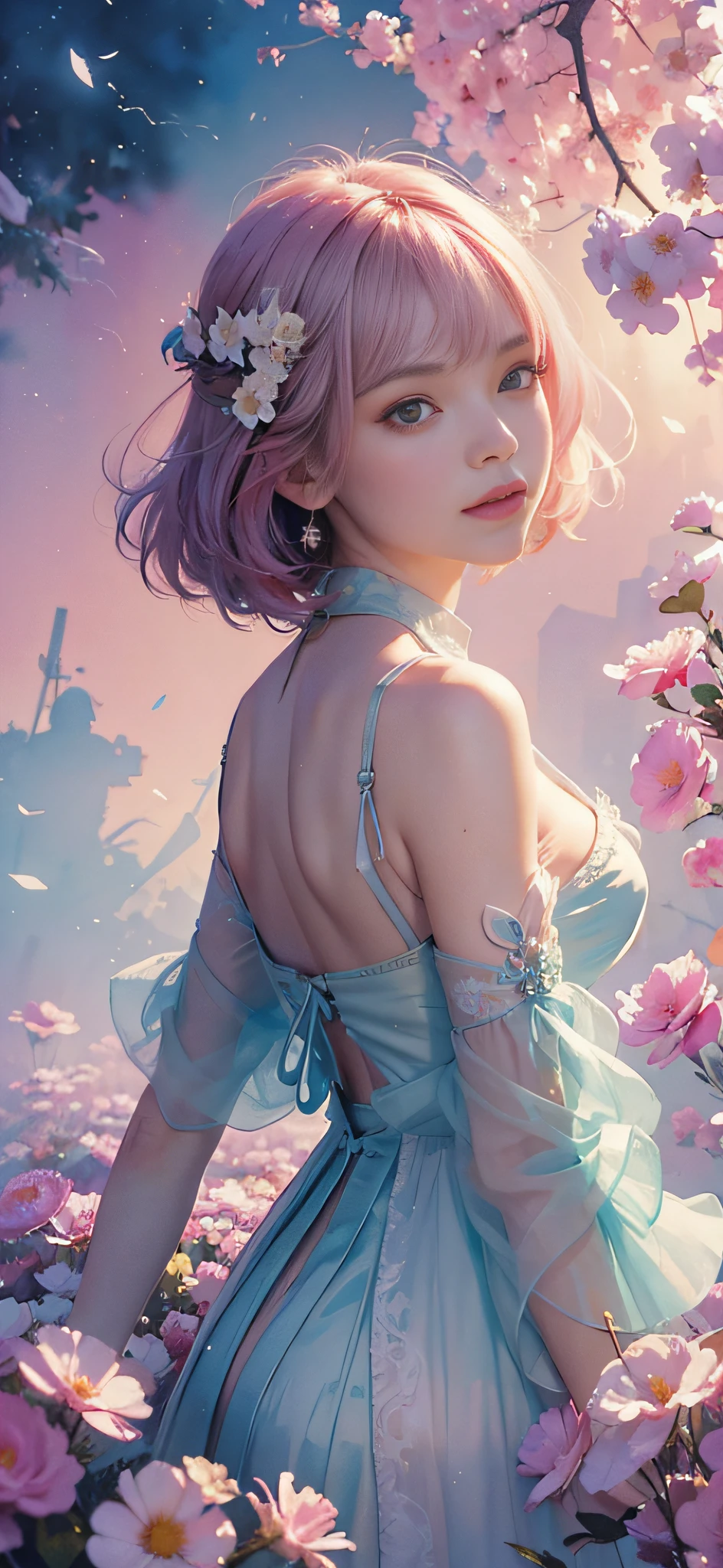 add_detail:2,1girl,detailed face,princess,taoist),flower, Lisianthus ,in the style of light pink and light azure, dreamy and romantic compositions, pale pink, ethereal foliage, playful arrangements,fantasy, high contrast, ink strokes, explosions, over exposure, purple and red tone impression , abstract, ((watercolor painting by John Berkey and Jeremy Mann )) brush strokes, negative space