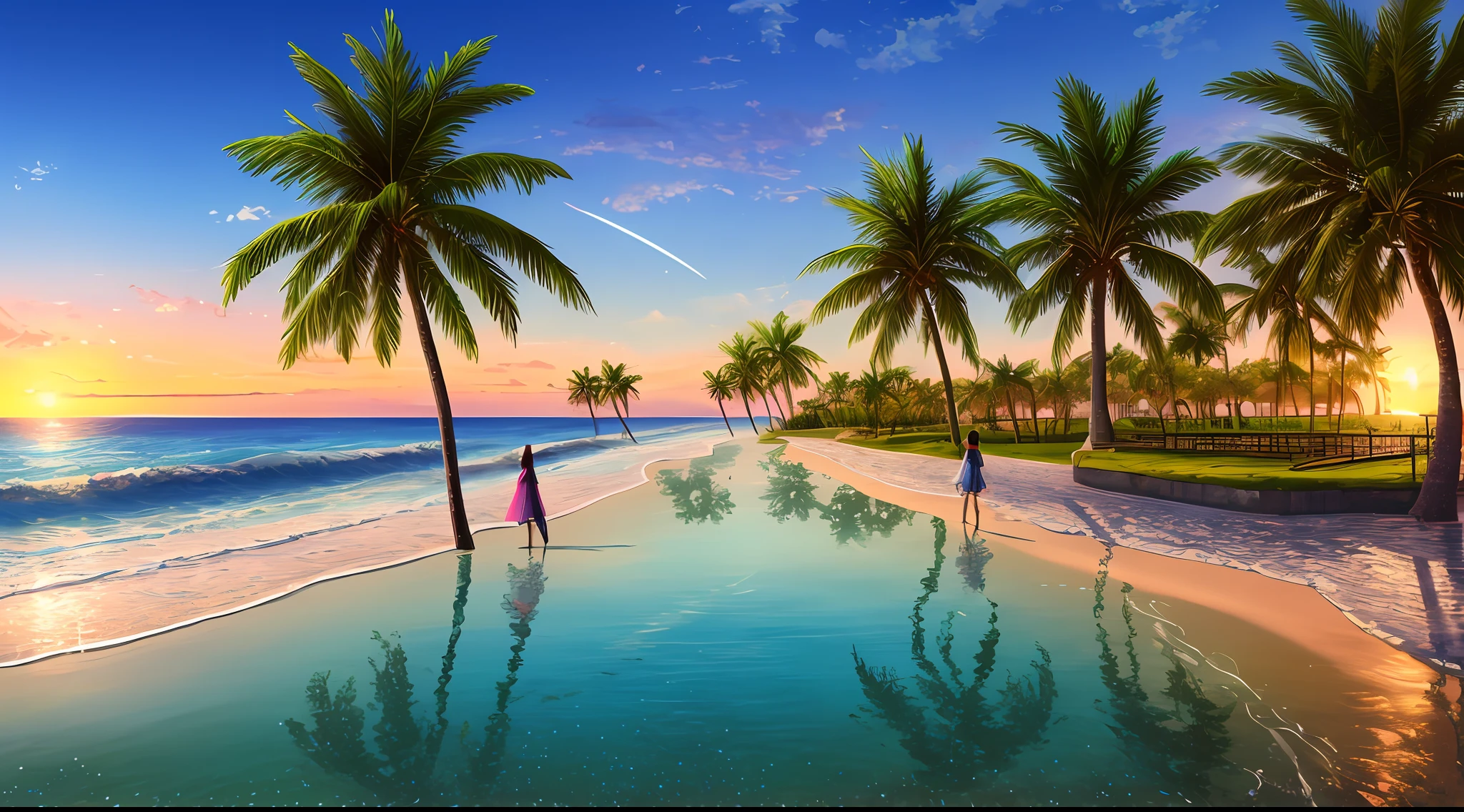 Masterpiece, top quality, high quality, highly detailed 8k wallpapers in CG units, charming and dreamy scenes of fantasy beaches, tall imperial palm trees, bright tambourines, creating a sense of mystery and enchantment, artistic stations, digital illustrations, complex, trending, pastel colors, oil paintings, award-winning photos, bokeh, depth of field, chromatic aberration, photorealistic, very detailed, art station trend, CGsociety trend, complex, high detail, dramatic, art in the middle of the journey, girl walking in the center,