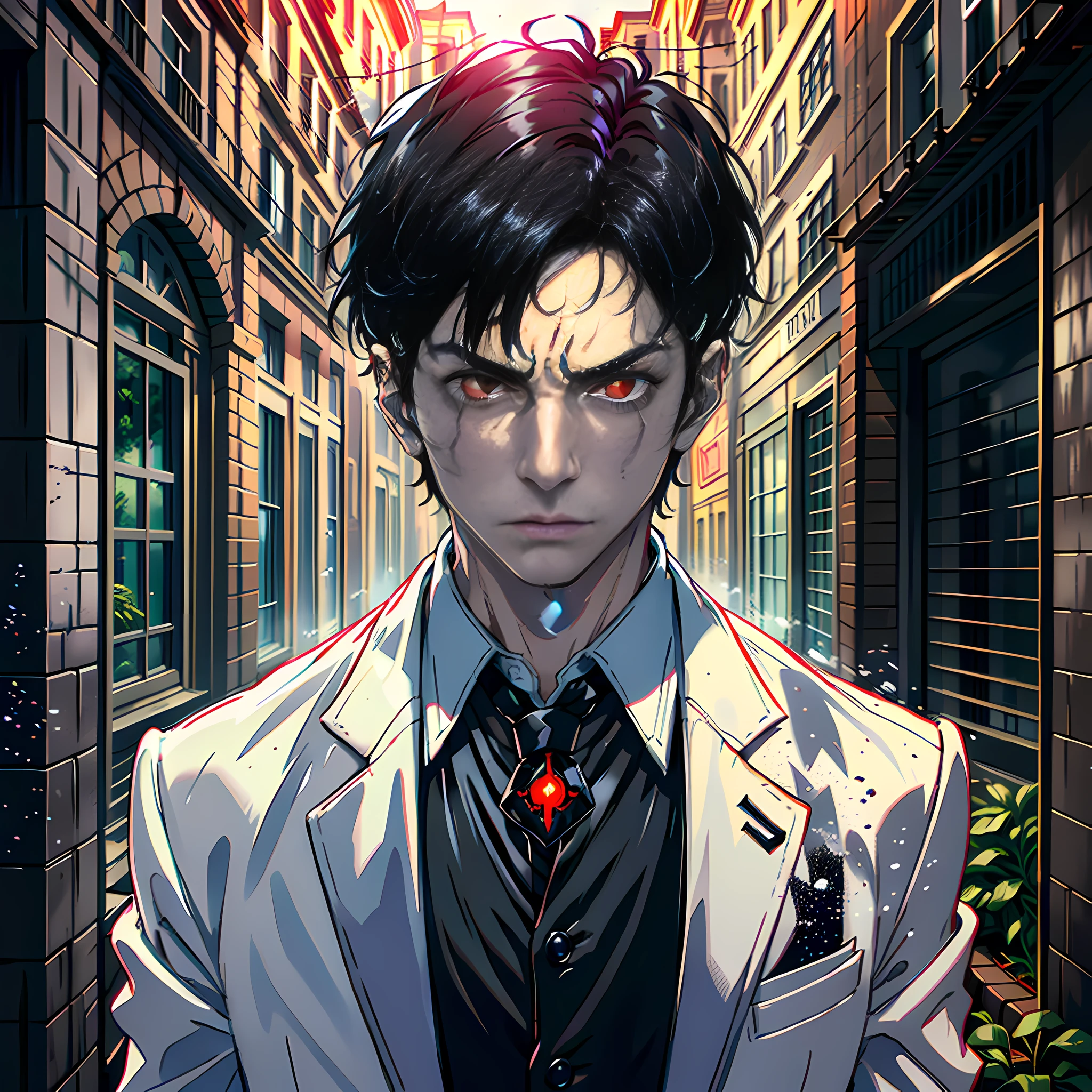 Dark night, darkness, a handsome boy, red eyes, about to turn into a zombie, short black hair, white suit, scared expression, small courtyard, highly real, 4K, chiaroscuro, super high detail