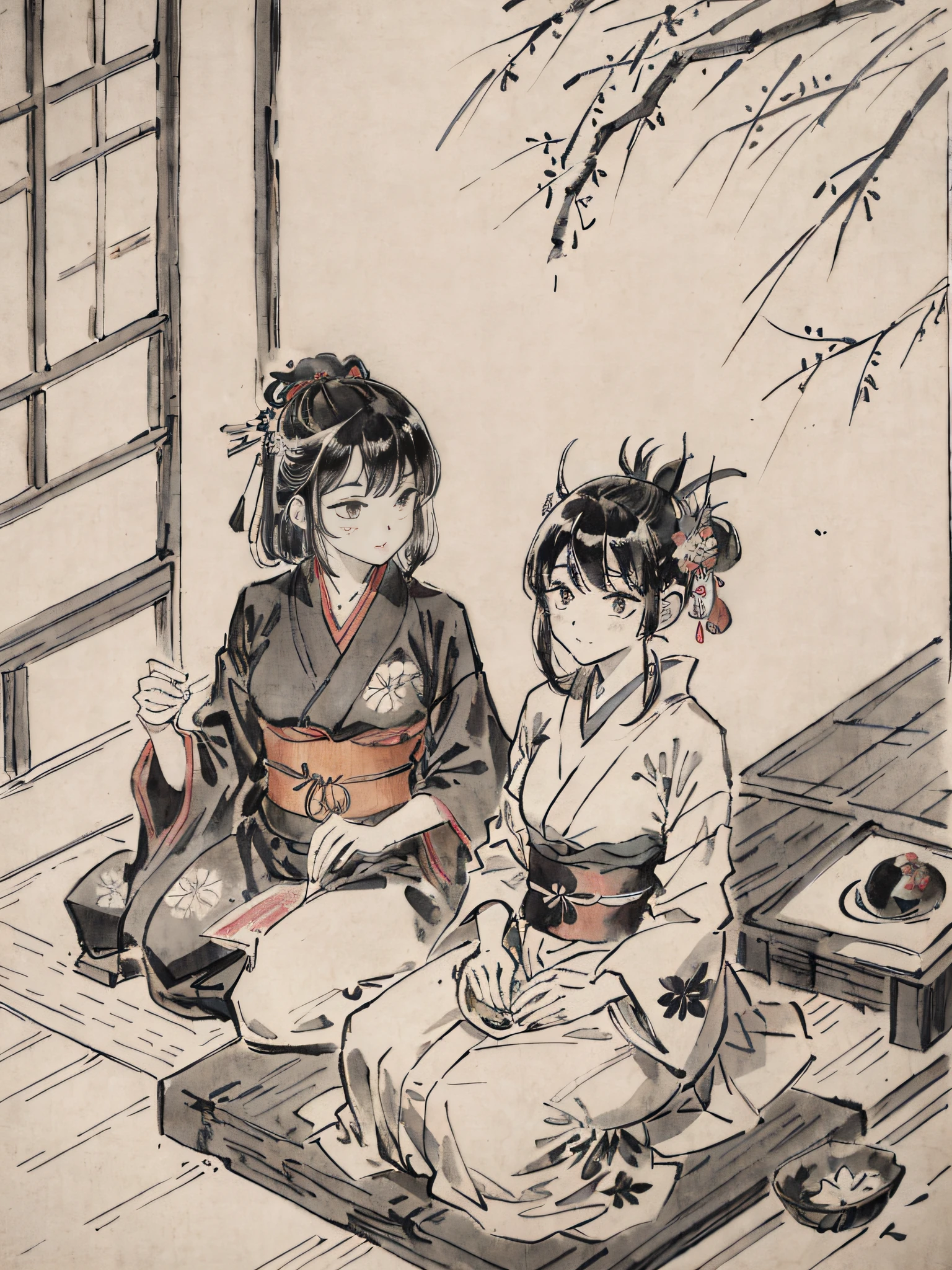 He even drew the texture of Japanese paper and made black and white woodblock prints in ink. In the early Showa period, she was about 32 years old, and she was a woman with no strong self-esteem in a kimono and kappo kimono. Radishes are being cut in the old kitchen. You can also see the bamboo pole.