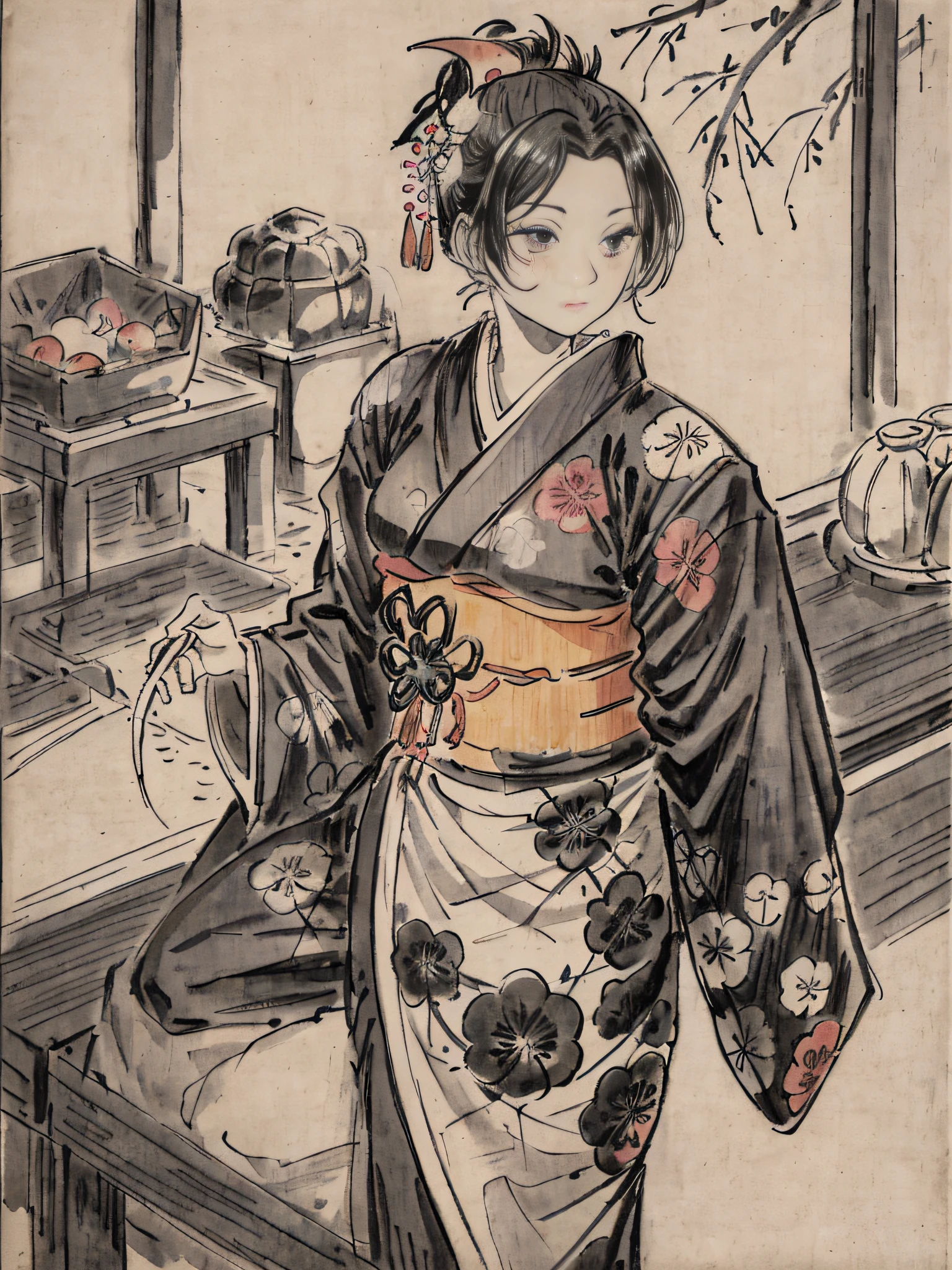 He even drew the texture of Japanese paper and made black and white woodblock prints in ink. In the early Showa period, she was about 32 years old, and she was a woman with no strong self-esteem in a kimono and kappo kimono. Radishes are being cut in the old kitchen. You can also see the bamboo pole.